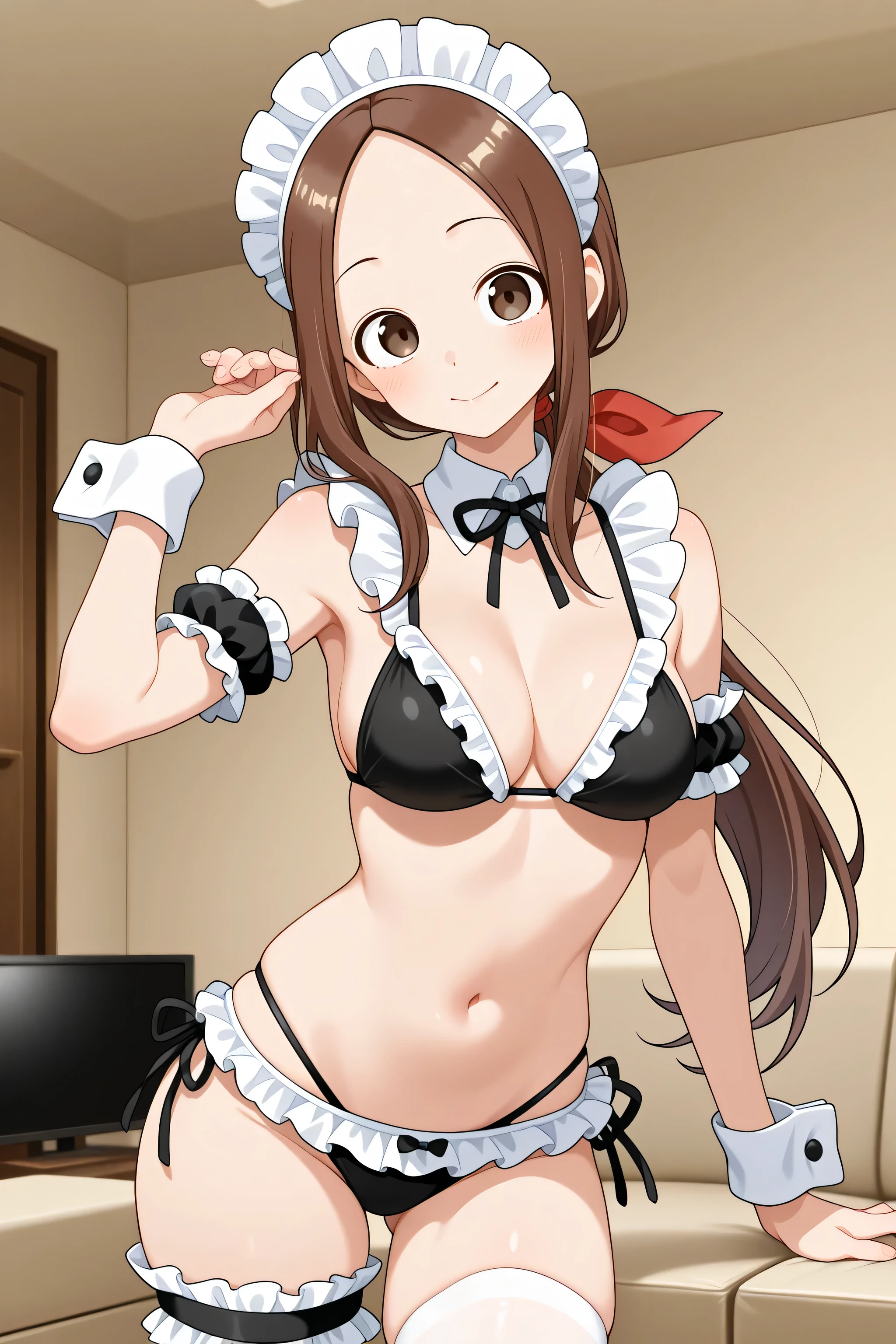 Takagi-san、Living Room、、、、、1 person、solo、1girl,,,,,,,,,,,,,,,,,maid bikini,black bikini, maid headdress, detached collar, thighhighs,frills,ribbon,arm garter,leg garter,wrist cuffs、、、、、、、、aatakagi, solo, aged up, long hair, brown hair, low ponytail, parted bangs,