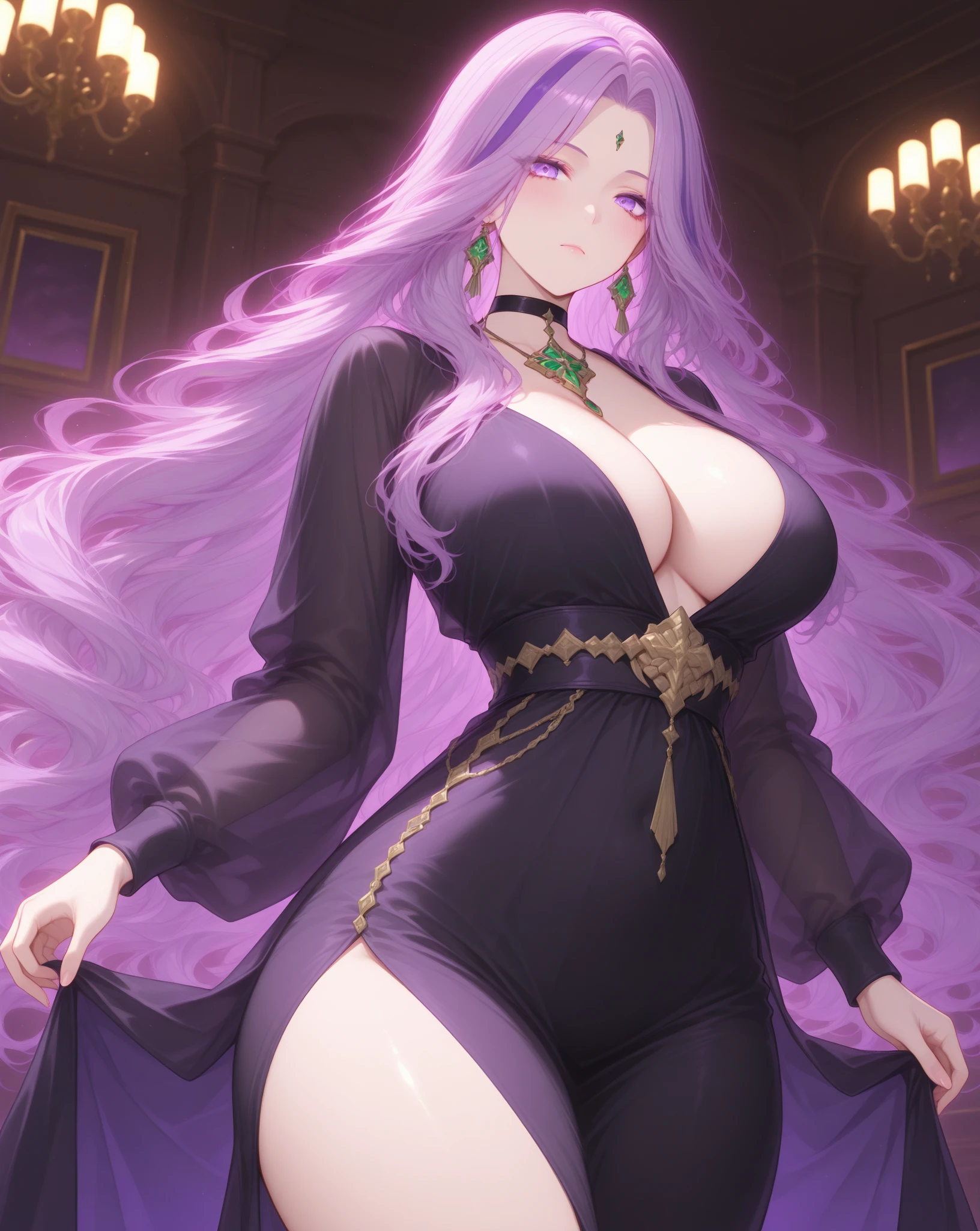 tall girl, long purple hair, hair tie, virus green eyes, black spot, ????????????????, purple fancy dress, germanic style, skirt, heels, normal, full view, high quaility, masterpiece, virus design 
