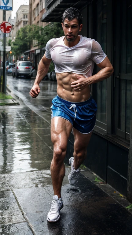 masterpiece, best quality, 1boy, handsome athletic muscular bodybuilder, running on sidewalk, sport shorts, trainers, wearing ????????, wet, rain, realistic, dramatic lighting, atmospheric, intricate detail, ((street background)),
