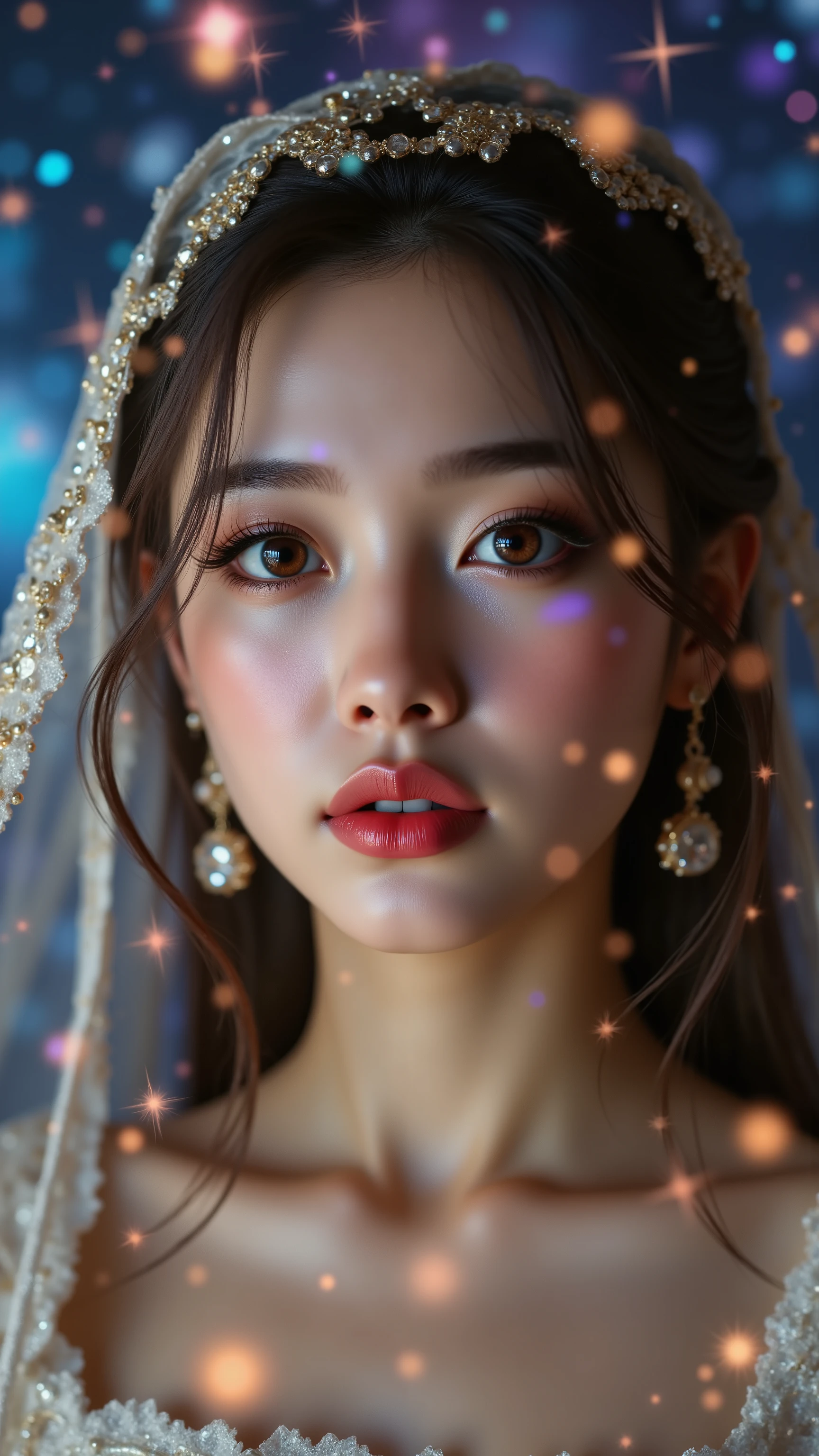 [Style: "masterpiece, realistic (photorealistic Realism), ultra-detailed, Ultra high resolution"](Key Directive: - ("The priority is the anatomical accuracy and texture of the materials" - "Ultra-sharp human eyes with biological accuracy") {hyper realistic and detailed face,"Eyes: (acid-resistant terminology) (macro-details:1 . 5): * Moist corneal surface (visible aqueous layer:1 . 2) * Ultra-detailed iris stroma brown (with gold flecks) * Precise limbal ring (slightly darker pigmentation:1 . 22) - "Lashes: blue individual synthetic fibers (crosshatched roots:1 . 2 , clump-free separation)" (Post-Processing: - "Frequency separation for skin vs eye details" - "Selective sharpening: eyes200% , hair80%" - "Denoise: luminance20 , color35 (retain corneal speculars)") (Avoid: "pupil distortion , uncanny valley asymmetry , plastic-like wetness") ((perfect dark_eyeshadows:1.3)),(apply glossy red lipstick:1.22)}, (Beautiful long legs in good style:1.35), ((no bra, no panties:1.3)), (medium butt), (skinny body build),(perfect hot model body:1.4), ((slim belly: 1.2)),  An exquisite blend of a portrait of a woman in a beautiful dress and a medieval night scene. ((A complex high-resolution double exposure of twinkling stars inside a beautiful dress, creating a fantastic image with a starry sky as a backdrop)) [The vivid colors of a dream, holding jewels against a medieval sky full of colorful stars]. (Rendering engine: "Unreal Engine 5 path tracing, 16K texture maps") | The ultra-Highres,Unreal 5,Subsurface scattering,PBR Texturing,Post-Processing,Anisotropic Filtering,depth of fields,Maximum Sharpness and Sharpness,Precise simulation of light-material interactions,perfectly proportions,Octane rendering, Wide Aperture, low ISO, white balance, The rule of thirds.