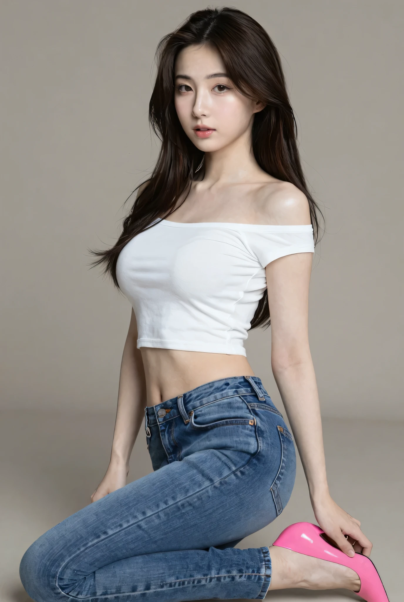 A very cute girl, solo, young, wearing tank top and short pants, big breasts, white and smooth skin, standing, full body, red lip, long hairs, at stair studio, realistic face