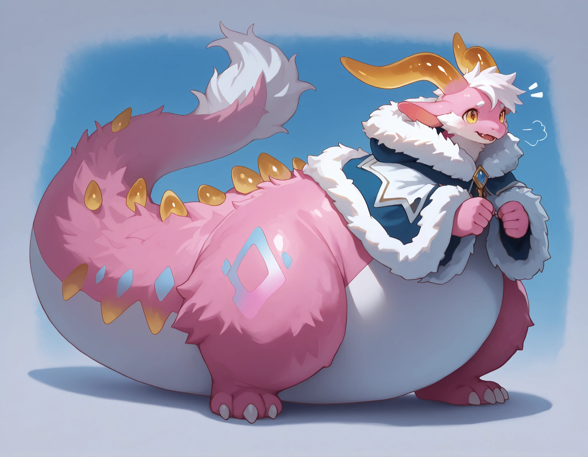 full body, furry, dragon, wide bottom, heavy bottom, wided legs, long digitigrade leg, giant pearshape body, no nipple,detailed face, pink fur,4k ultfigurelity, (4k half body view:1.0),ultra high detailed body,feral dragon,(cute face:1.3),pink fur,golden eyes,white belly fur,white hair,long hair,enormous body,side view,(long ears),(big ears),(big horns),(dropping ears),long tail,thick tail,big tail,(fluffy cloak),(smaller head),(enomorous body),hyper tail,white flowers,(gigantic body),mounting