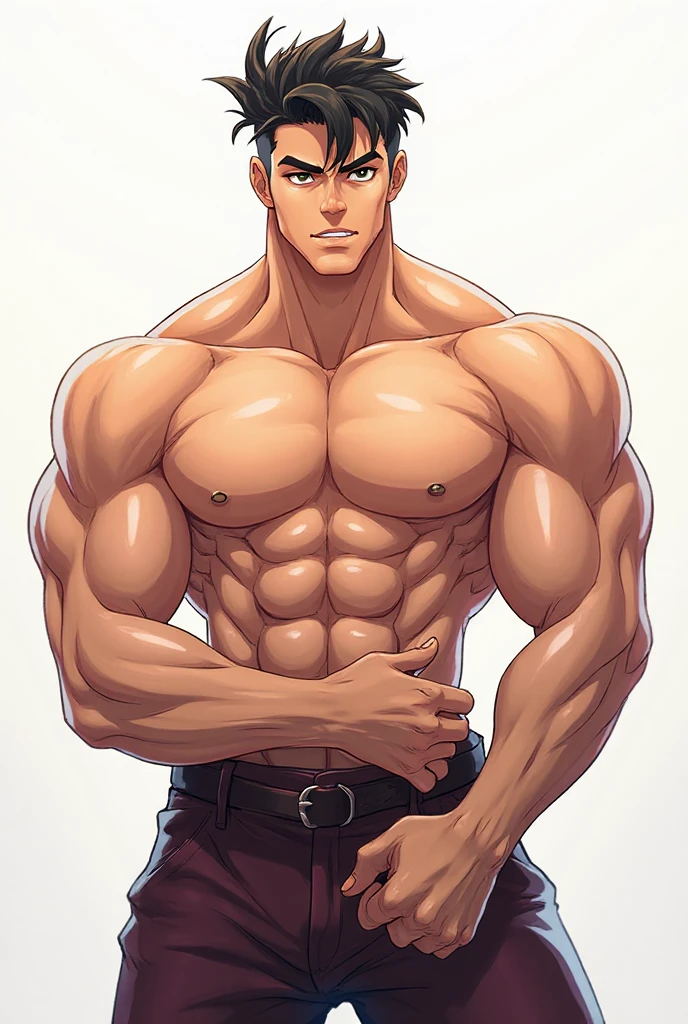 A handsome and muscular anime boy with a look of desire and possessiveness  