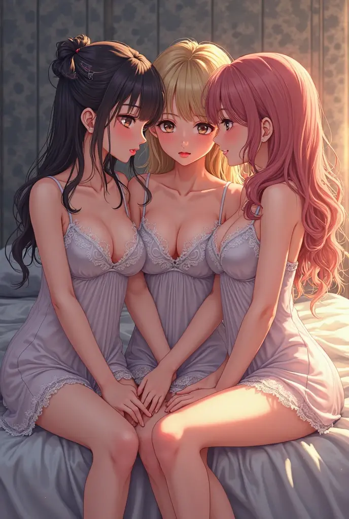 Three ladies in ????????? sitting on a bed with a window, style Atjem, Atjem. Anime Illustrations, IG model | Atjem, in the style Atjem, Popular on cgstation, Fan Art Best Artstation, style of Atjem, realistic art style, Atjem. High Detail, ! dream Atjem