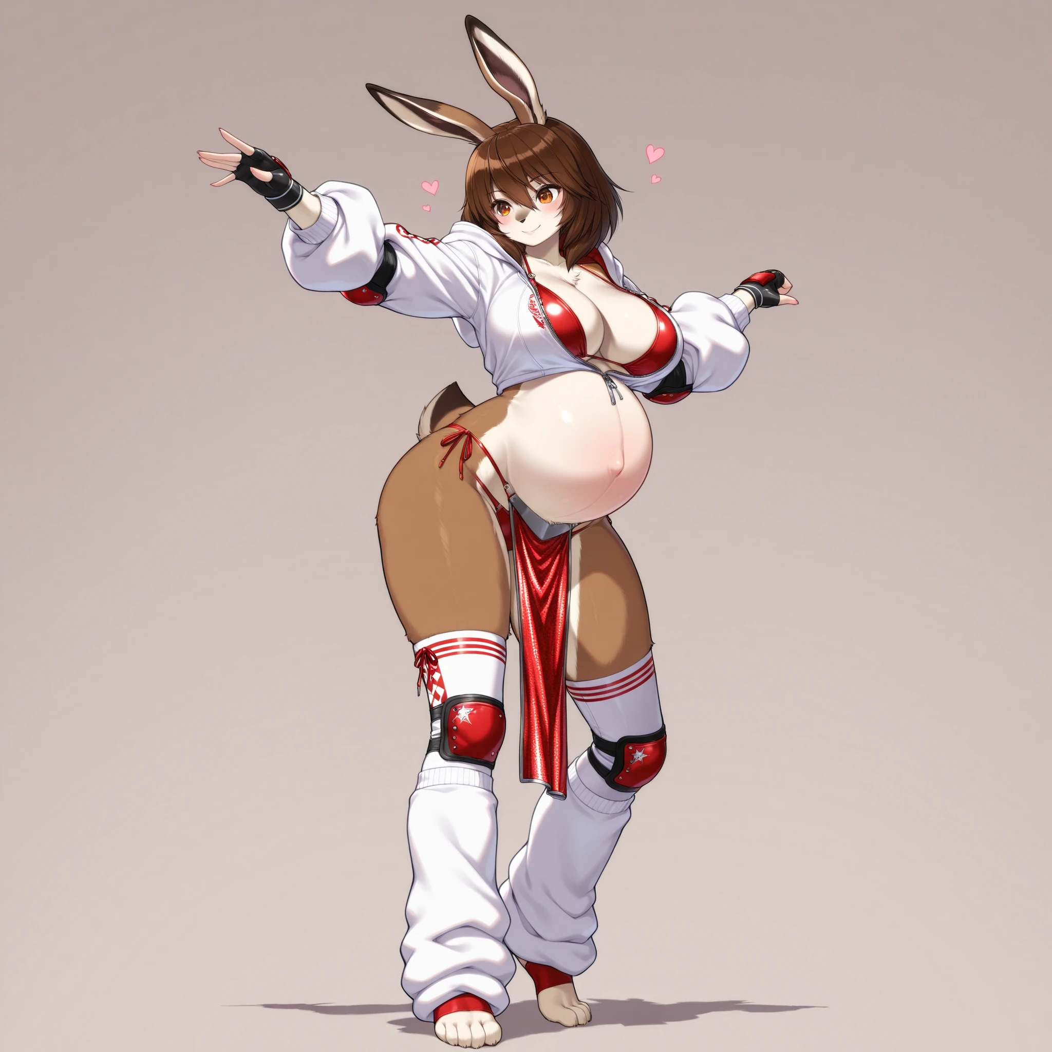 (1girl, solo, wild hare girl, furry, Kemono, Fluffy fur, coloured fur, brown fur, two tone fur, brown hair, medium hair, hair between eyes, amber eyes, cleavage, oppai, navel, pregnant, wide hips, rumble roses, cozy harem outfit, bikini top, hooded sweatshirt, baggy sleeves, elbow pads, fighter bikini panties, pelvic curtain, high thigh socks, toeless socks, knee pads, long leg warmers, oversized leg warmers, barefoot, fingerless gloves, standing, dancing, lovely, happy, stylish, graceful, sexy, cute, full body, beautiful environment, gothicstyle, biyōjo, moe, beautiful aesthetic, simple background, masterpiece, best quality)