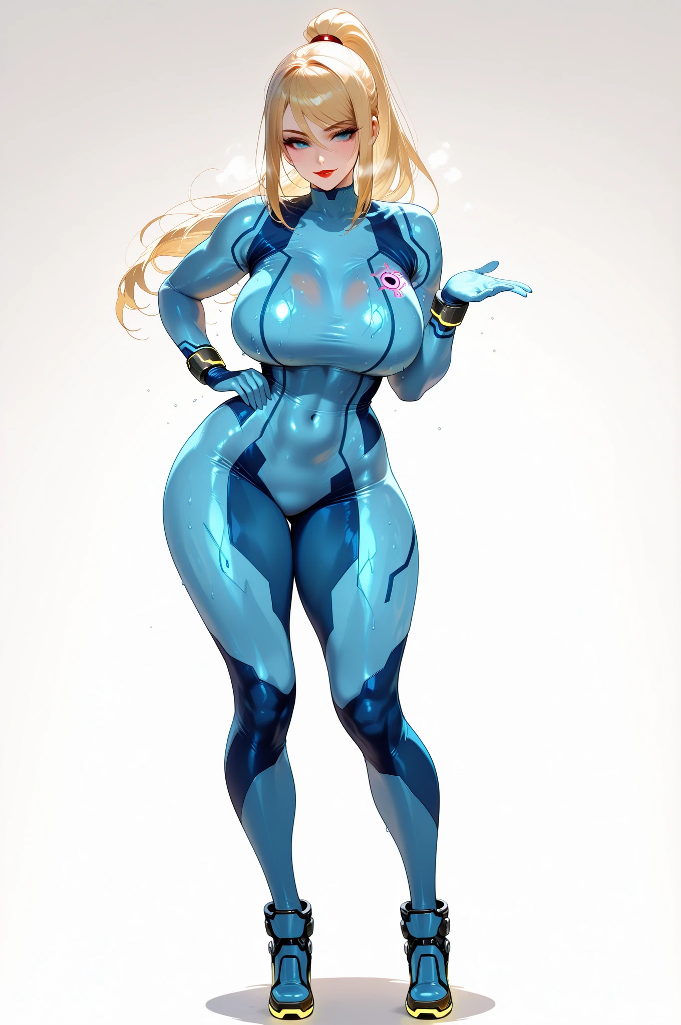 Masterpiece, high quality, highres, anime, perfect anatomy, (breast_expansion, cowboy shot, (2girls), 2 panels, simple background, flat to gigantic breasts, same woman, hands on hip, facing viewer head on, samus aran, blue bodysuit, ponytail