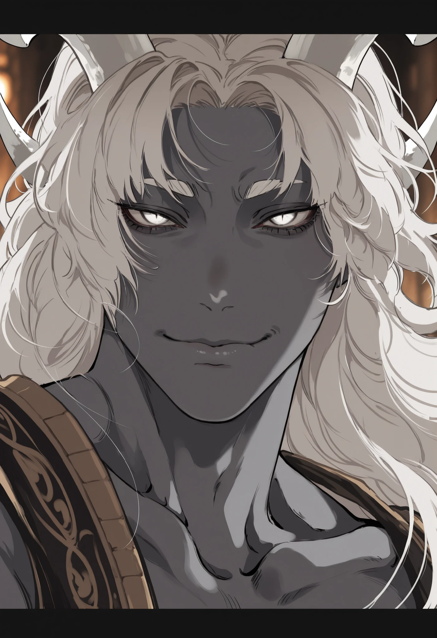 masterpiece, best quality, high quality, newest, highres, 8K, HDR, absurdres, demon, male, masculine face, strong jawline, thick eyebrows, curved eyebrows, muscles, grey skin, long hair, white-silvery hair, wavy hair, white eyes, narrow pupils, black whites, looking at the viewer, slight smile, closed mouth, smug expression, curved horns, white horns, ancient Greek clothing, close-up, portrait, foreshortening, depth of field, blurry foreground, depth of field, masterpiece, ultra-HD, cinematic lighting, high detail, depth of field, (blurred background), (dramatic lighting), shadow, dynamic pose, dynamic composition