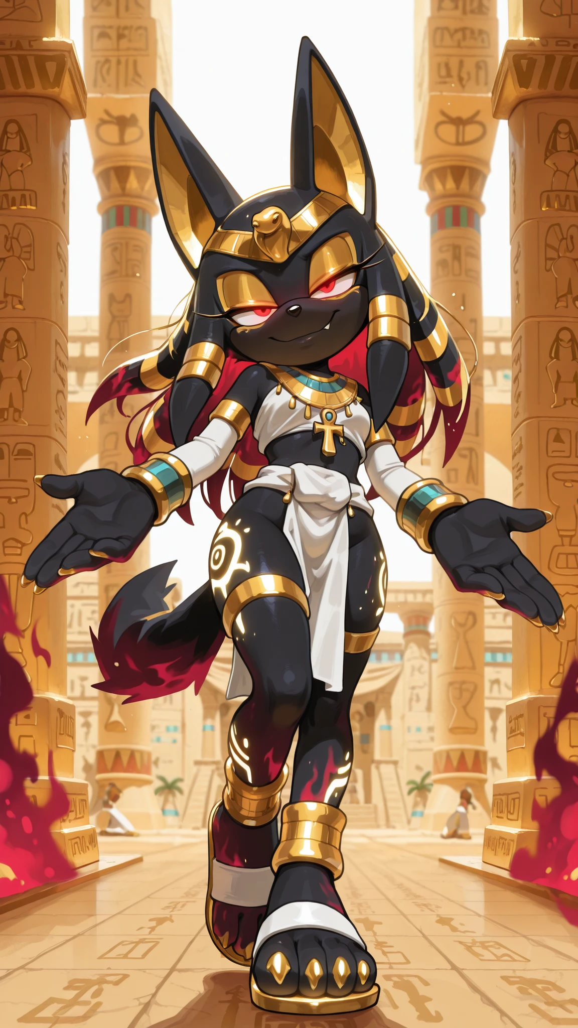 masterpiece, best quality, amazing quality, very aesthetic, high resolution, ultra-detailed, absurdres, newest, scenery, furry, anthro, sonic \(series\), 1girl, solo, furry_female, jackal, long hair, wavy hair, cocky smile, fang, red eyes, glowing eyes, narrowed eyes, seductive expression, half-closed eyes, egyptian temple, see-trough pharaoh clothes, white loincloth, white tribal top, white sleeves, golden wristband, Golden jewelry, white stockings, golden hairband, golden 
eyeshadow, cinematic lighting, depth of field, detailed fluffy fur, volumetric lighting, head tilt, full body, red aura, dynamic pose, sexy pose, seductive pose, (fight stance), (black skin), Golden claws, snout, Golden egyptian body paint, golden egyptian face paint, Golden egyptian rines on body, open hands, spread arms, walking, (white egyptian sandals with golden soles)