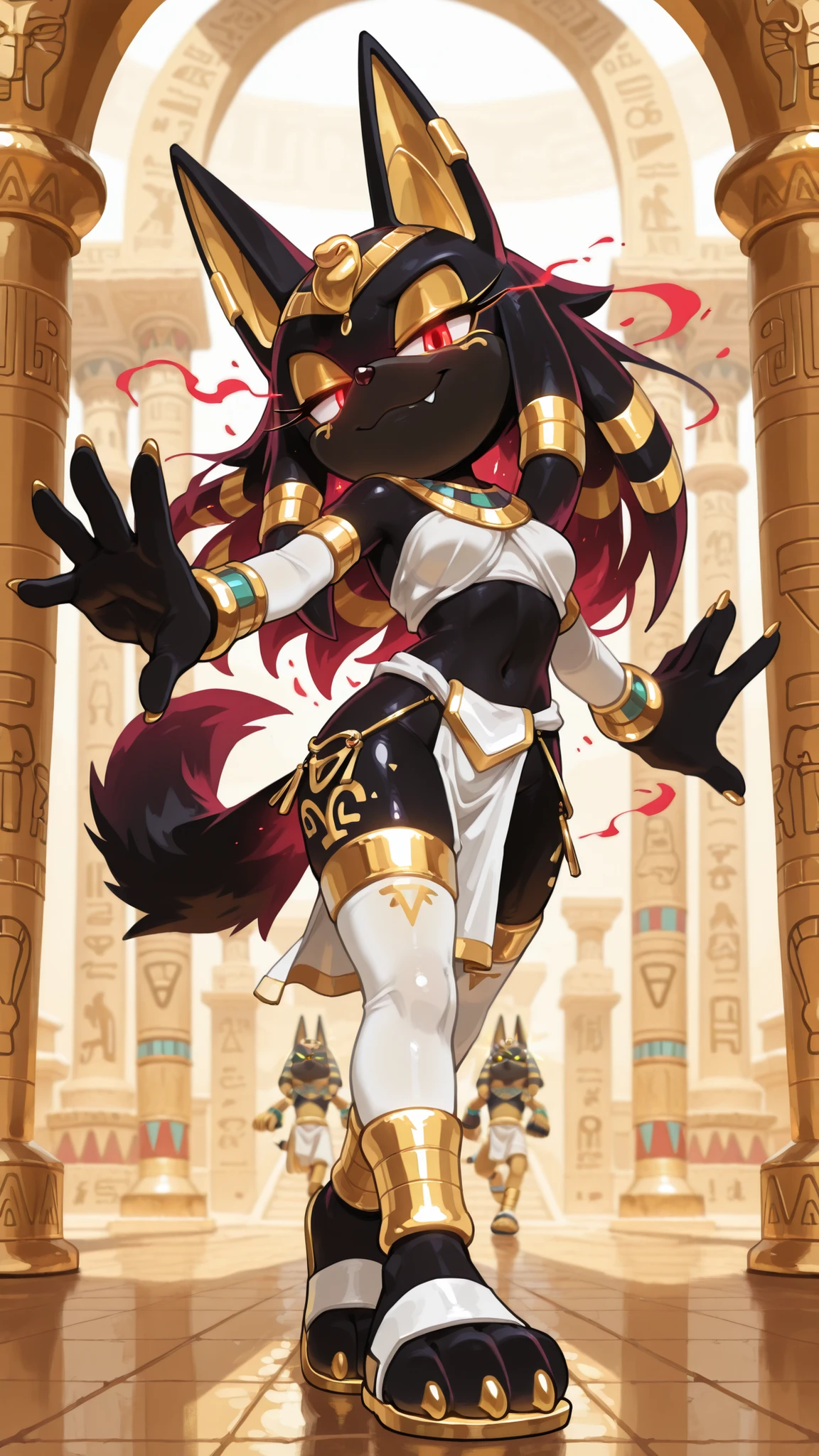 masterpiece, best quality, amazing quality, very aesthetic, high resolution, ultra-detailed, absurdres, newest, scenery, furry, anthro, sonic \(series\), 1girl, solo, furry_female, jackal, long hair, wavy hair, cocky smile, fang, red eyes, glowing eyes, narrowed eyes, seductive expression, half-closed eyes, egyptian temple, see-trough pharaoh clothes, white loincloth, white tribal top, white sleeves, golden wristband, Golden jewelry, white stockings, golden hairband, golden 
eyeshadow, cinematic lighting, depth of field, detailed fluffy fur, volumetric lighting, head tilt, full body, red aura, dynamic pose, sexy pose, seductive pose, (fight stance), (black skin), Golden claws, snout, Golden egyptian body paint, golden egyptian face paint, Golden egyptian rines on body, open hands, spread arms, walking, (white egyptian sandals with golden soles)