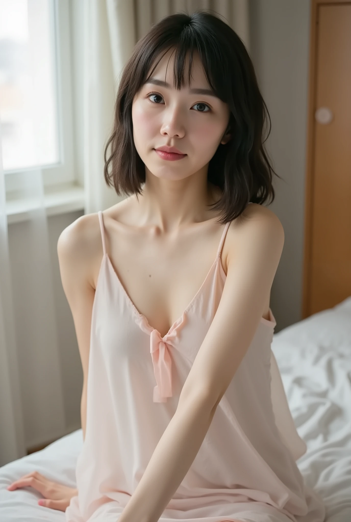 (( Premium Quality,  8k )), ((masterpiece)), ( details),    、dark hair,  Japanese girls,   first-person view   ,One Woman, a plump woman, petite woman ,   sexy,(  full nude, in the bedroom),(((    Super Giant Bust ,    full nude,  beautiful breasts,  short bob hair , dark hair))),  ((dark hair, full nude)) , (( No decoration,  no accessories,       without makeup  ))