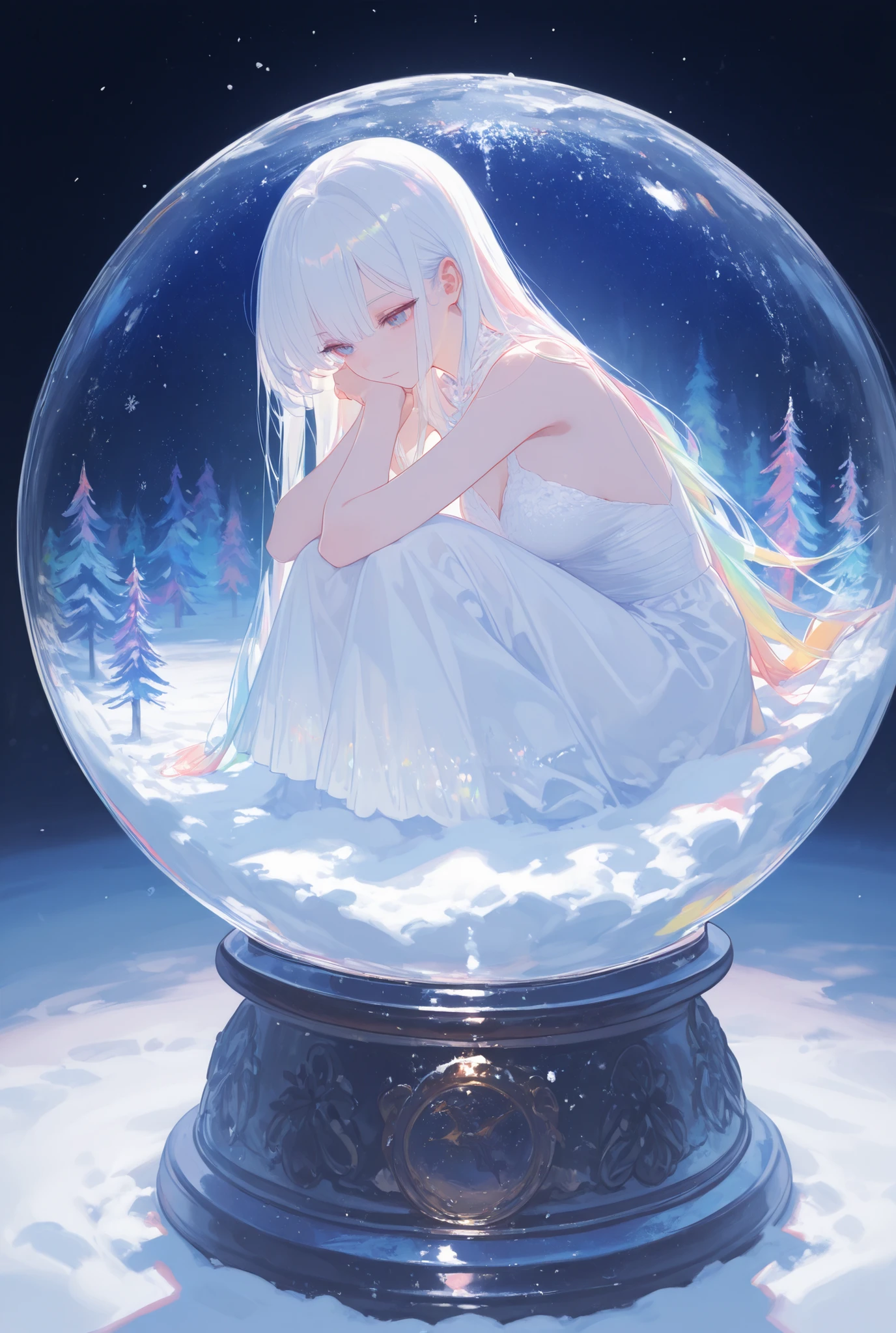 girl inside snow globe, white hair, blue eyes, white dress, snow, elegant, perfect face, detailed face, perfect body, lots of details, ultra sharp, ultra detailed, colorful, high quality, hd, hdr