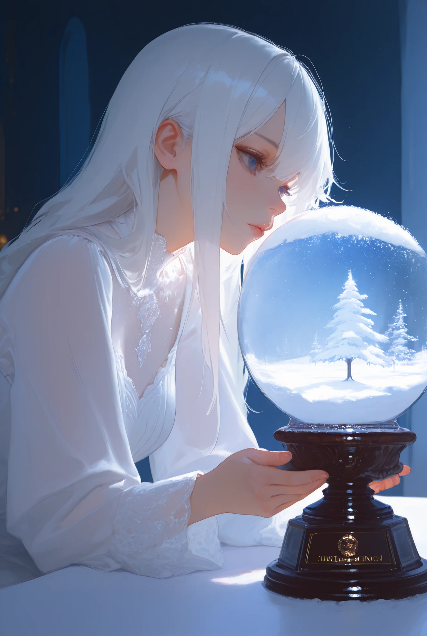 girl inside snow globe, white hair, blue eyes, white dress, snow, elegant, hd, realistic, 4k, octane render, ray tracing, HDR, the most beautiful artwork in the world, (masterpiece), (hd), (8k), ultra detailed, best quality, film grain, (cinematic lighting), dramatic, dramatic (complimentary colors), artstation, (award winning), (HDR)