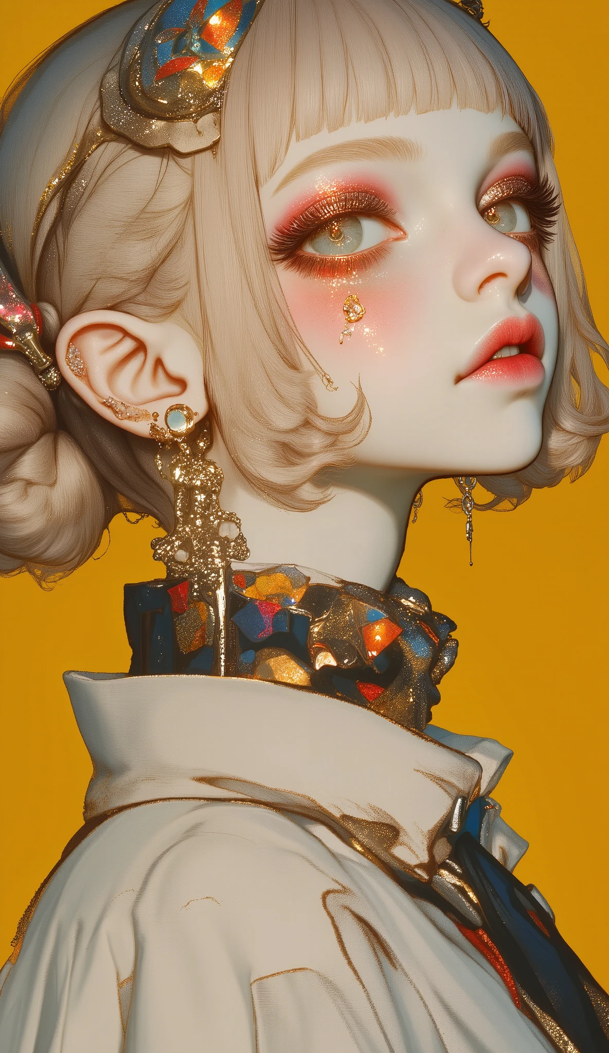 anime style ,  she is half profile , ((General shot of a naked woman . An elegant and delicate cartoon that slightly exaggerates the hyperrealistic features :1.52, Do you have round iridescent greenish glasses:1.6, blonde hair with bangs down to the eyebrows, half-open lips painted red with sparkles hair tied up fringed to the sides Make it delicate and sensual :1.5,  accentuating features such as a fleshy and thick mouth  , slightly larger eyes made up with bright and colorful glitter , and very long eyelashes with glitter at the tips , rosy cheeks:1.51, Beautiful face of a cyberpunk girl, wears a white shirt with a scarf around her neck that falls forward, very delicate with glitters and elegant crystals, great digital art with details, slightly biting her lower lip, sensually, wears glasses, you can see the reflection of the glasses in the glasses :1.5)), arte digital. masterpiece , Detailed woman, full lips in the style of Angelina Jolie , Long false eyelashes , eye makeup, blushed lips and cheeks , wears earrings all over the ear like piercings and has a ring embedded in the ovum of the ear, a piercing on the lips and nose , Hyperrealistic art style , Brandon Woelfel, Of the tattooed face, tattoos and piercings, realistic digital art 4k , realistic digital art 4k , tattoo style, Art Cyberpunk style, Girl with glasses , claroscuro, cinematic lighting, Optical illusion, HD, UHD,  retina, masterpiece, Precise, anatomically correct, Textured skin, super detail, Tall details, High quality, awarded , mejor calidad, high resolution, 1080P, HD, 1 Warm yellow background