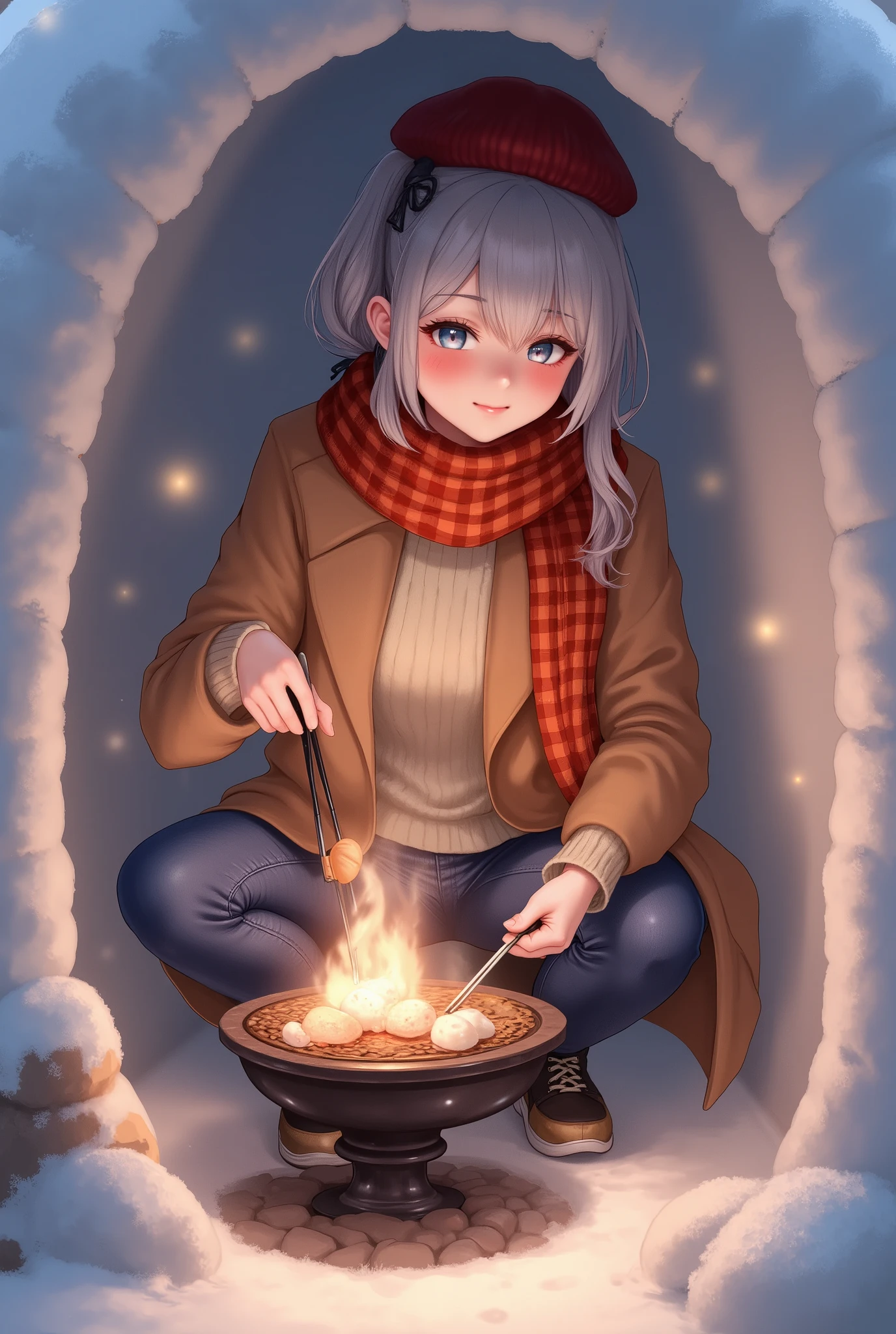 (wear: (Brown Duffle Coat), (beige high neck knit sweater), ( blue denim skinny pants ), (Wrap an orange and red gingham check scarf around your neck), (wearing a black knitted hat), (Red sneakers:0.8)),
(scene: inside a snow igloo (kamakura), warm atmosphere, soft snow walls, small enclosed space),
(action: grilling mochi on a shichirin (charcoal brazier), holding chopsticks, warm firelight),
(objects: shichirin, mochi, small wooden tray, steam rising),
(lighting: warm firelight, orange glow, contrast with cold white snow, soft shadows),
(style: anime, masterpiece, high detail, natural colors),
(angle: outside the igloo, looking through the entrance, viewer sees the girl inside, natural perspective, slight depth, soft snow edges framing the view),
((squatting down)),
(long silver-gray hair tied into a low ponytail at the nape of the neck, softly gathered and secured with a small black ribbon, gentle waves in the length, natural center part with curtain bangs, some strands left loose around the face, smooth and slightly glossy texture),
((medium breast), (glamorous body)), ((adult face), (beautiful)),
((navy eyes), (eye highlight, multi-layered irises, moist eyes, reflected light in eyes)),
((False eyelashes)),
(blushing, (smug smile, one eyebrow raised, confident expression)),
(freeze-frame action, vivid colors),
deepstroke3,
(high contrast, deep shadows, rich color tones, muted colors),
(best quality), (masterpiece), (semi-realistic), ultra-detailed, high resolution, (anatomically correct), (Realistic shadows), 8k resolution, score_9, score_8_up, score_7_up,
(in a high-rendered anime style with detailed shading, smooth gradients, and polished lighting effects, combining vibrant colors and expressive features with a semi-realistic finish),