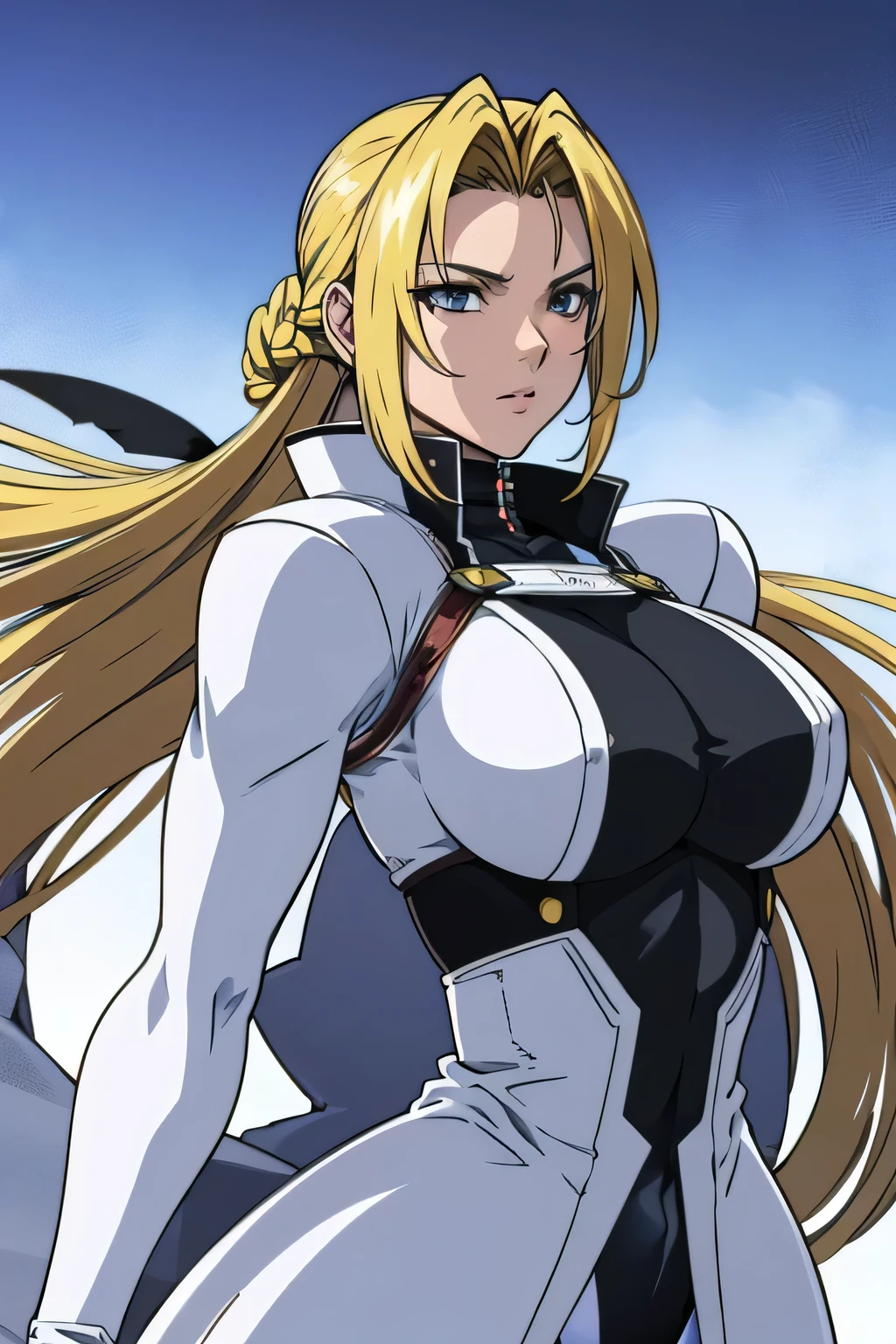 anime style, upper body portrait, tall muscular Irish female mercenary over 40, long bright blonde hair tied back, sharp cold eyes, wearing white long winter coat over a form-fitting bodysuit (white torso, black legs), visible abs shape under the suit, powerful thick thighs suggested, calm expression with icy composure, snowfield background, photorealistic anime lighting, masterpiece, 8k, high quality, depth of field, atmosphere of silent hunter in the snow