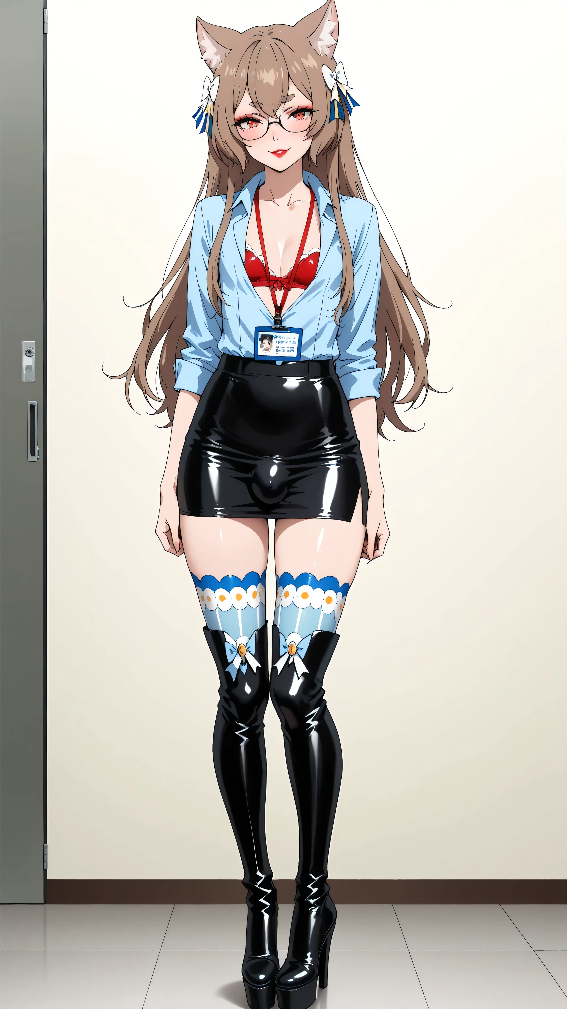 long hair, bangs, brown hair, felix argyle, long hair, bangs, brown hair, bow, animal ears, hair bow, male focus, cat ears, eyelashes, thick eyebrows, white bow, otoko no ko, light blue latex shirt, cleavage, red latex bra, underwear, lanyard, pencil skirt, formal, suit, office lady, skirt suit, shirt, blue latex shirt, cleavage, collarbone, skirt, balck latex skirt, otoko no ko, 1girl, solo, black high heels BOOTS, thigh-high boots, 8 inch heels, platform boots, red lipstick, eyelashes, makeup, glossy lips, masterpiece, dakimakura, high resolution, blush, looking at viewer, standing up, masterpiece, best quality, high quality facial features, perfect eyes, facing directly, 4k , 8k , high resolution, shown fully in frame, Perfect body woman, Well proportionated Symmetrical body, hip dips, full body shown, voluptuous body, blue eyeshadown, horny, smiling, blushing, holdign folder, name tag, glasses, bulge, fishnet stockings, playfull smirk,