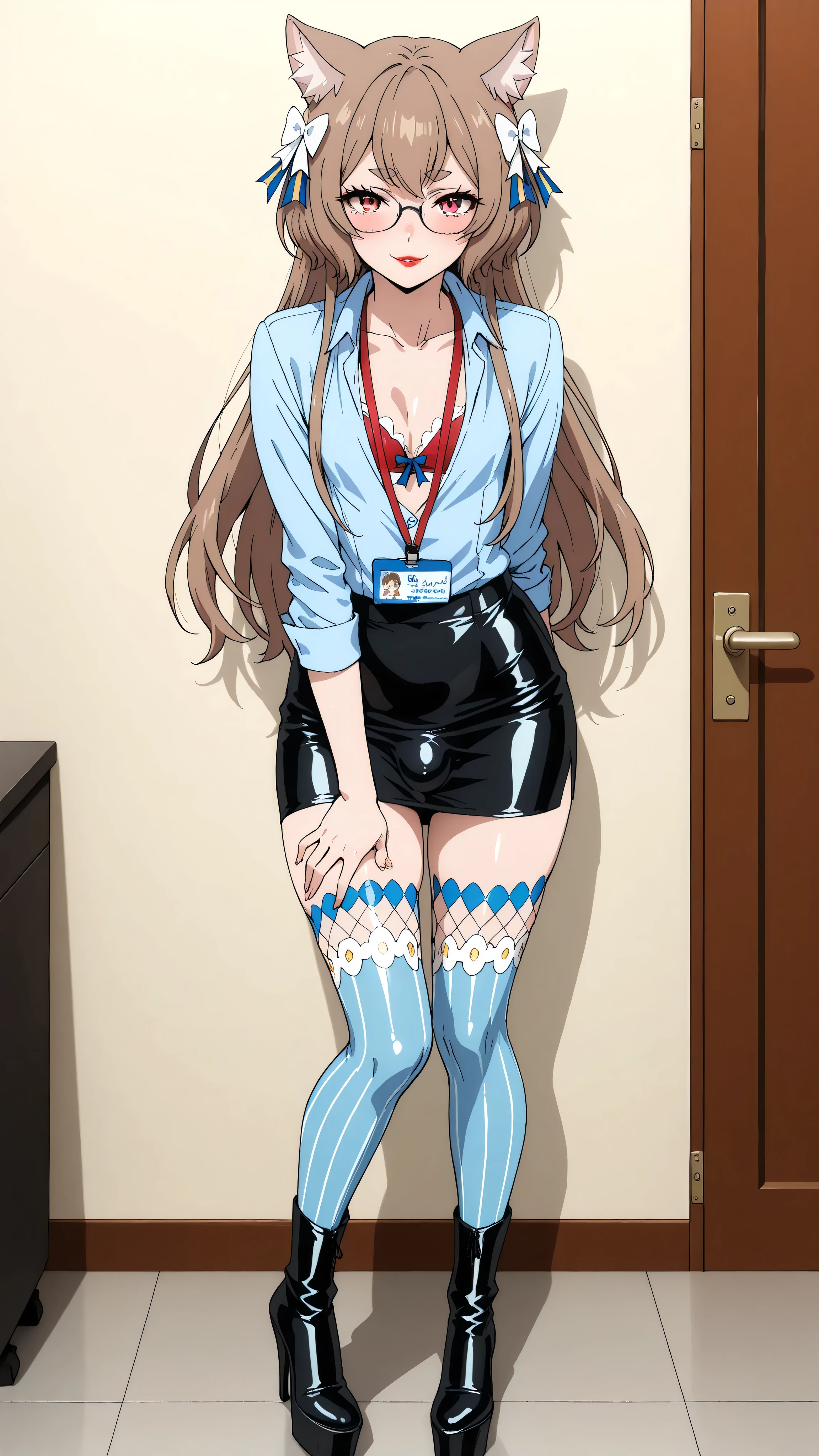 long hair, bangs, brown hair, felix argyle, long hair, bangs, brown hair, bow, animal ears, hair bow, male focus, cat ears, eyelashes, thick eyebrows, white bow, otoko no ko, light blue latex shirt, cleavage, red latex bra, underwear, lanyard, pencil skirt, formal, suit, office lady, skirt suit, shirt, blue latex shirt, cleavage, collarbone, skirt, balck latex skirt, otoko no ko, 1girl, solo, black high heels BOOTS, thigh-high boots, 8 inch heels, platform boots, red lipstick, eyelashes, makeup, glossy lips, masterpiece, dakimakura, high resolution, blush, looking at viewer, standing up, masterpiece, best quality, high quality facial features, perfect eyes, facing directly, 4k , 8k , high resolution, shown fully in frame, Perfect body woman, Well proportionated Symmetrical body, hip dips, full body shown, voluptuous body, blue eyeshadown, horny, smiling, blushing, holdign folder, name tag, glasses, bulge, fishnet stockings, playfull smirk,