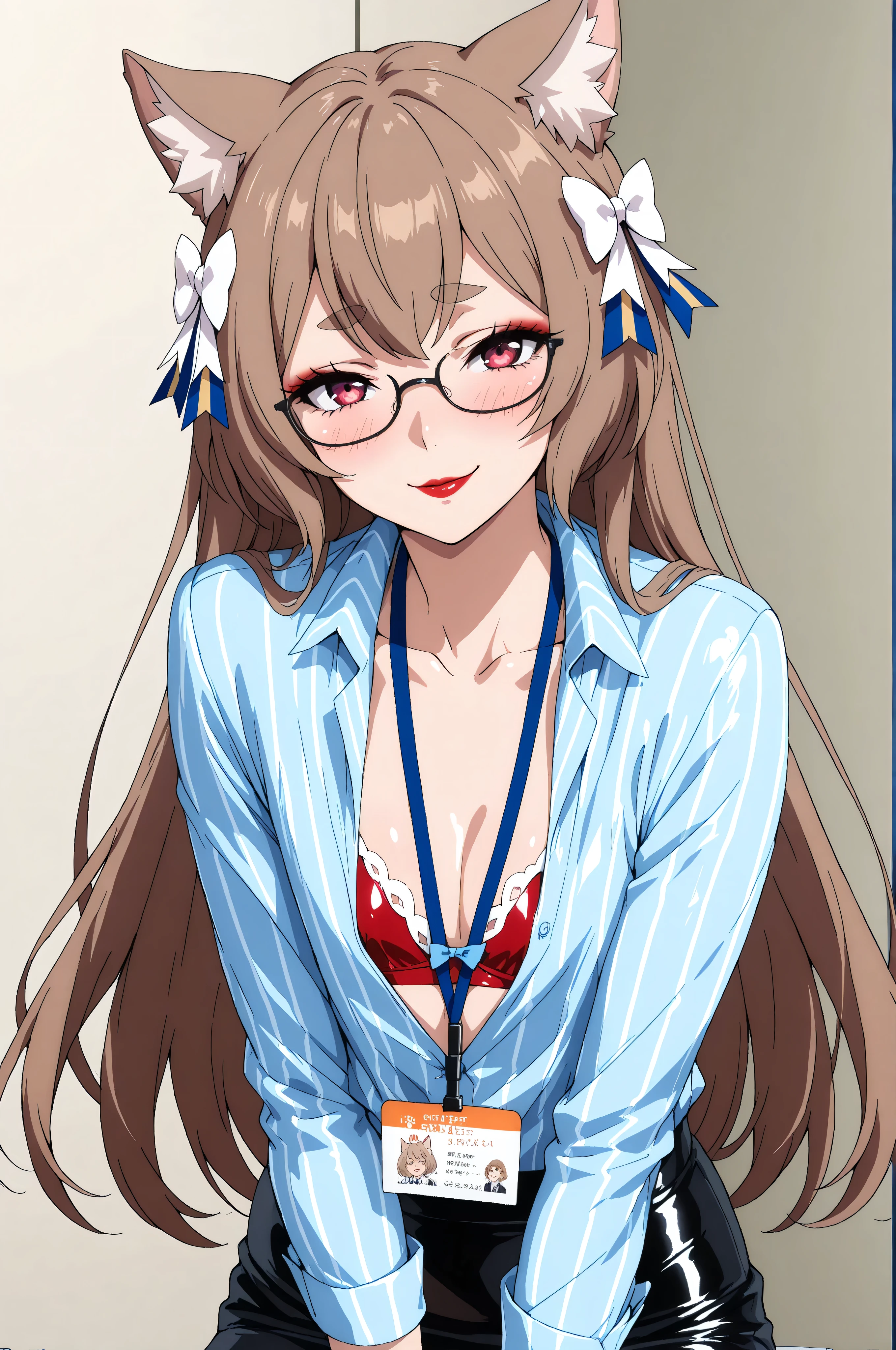 long hair, bangs, brown hair, felix argyle, long hair, bangs, brown hair, bow, animal ears, hair bow, male focus, cat ears, eyelashes, thick eyebrows, white bow, otoko no ko, light blue latex shirt, cleavage, red latex bra, underwear, lanyard, pencil skirt, formal, suit, office lady, skirt suit, shirt, blue latex shirt, cleavage, collarbone, skirt, balck latex skirt, otoko no ko, 1girl, solo, red lipstick, eyelashes, makeup, glossy lips, masterpiece, dakimakura, high resolution, blush, looking at viewer, masterpiece, best quality, high quality facial features, perfect eyes, facing directly, 4k , 8k , high resolution, Perfect body woman, Well proportionated Symmetrical body, hip dips, voluptuous body, blue eyeshadown, horny, smiling, blushing, holdign folder, name tag, glasses playfull smirk, face only