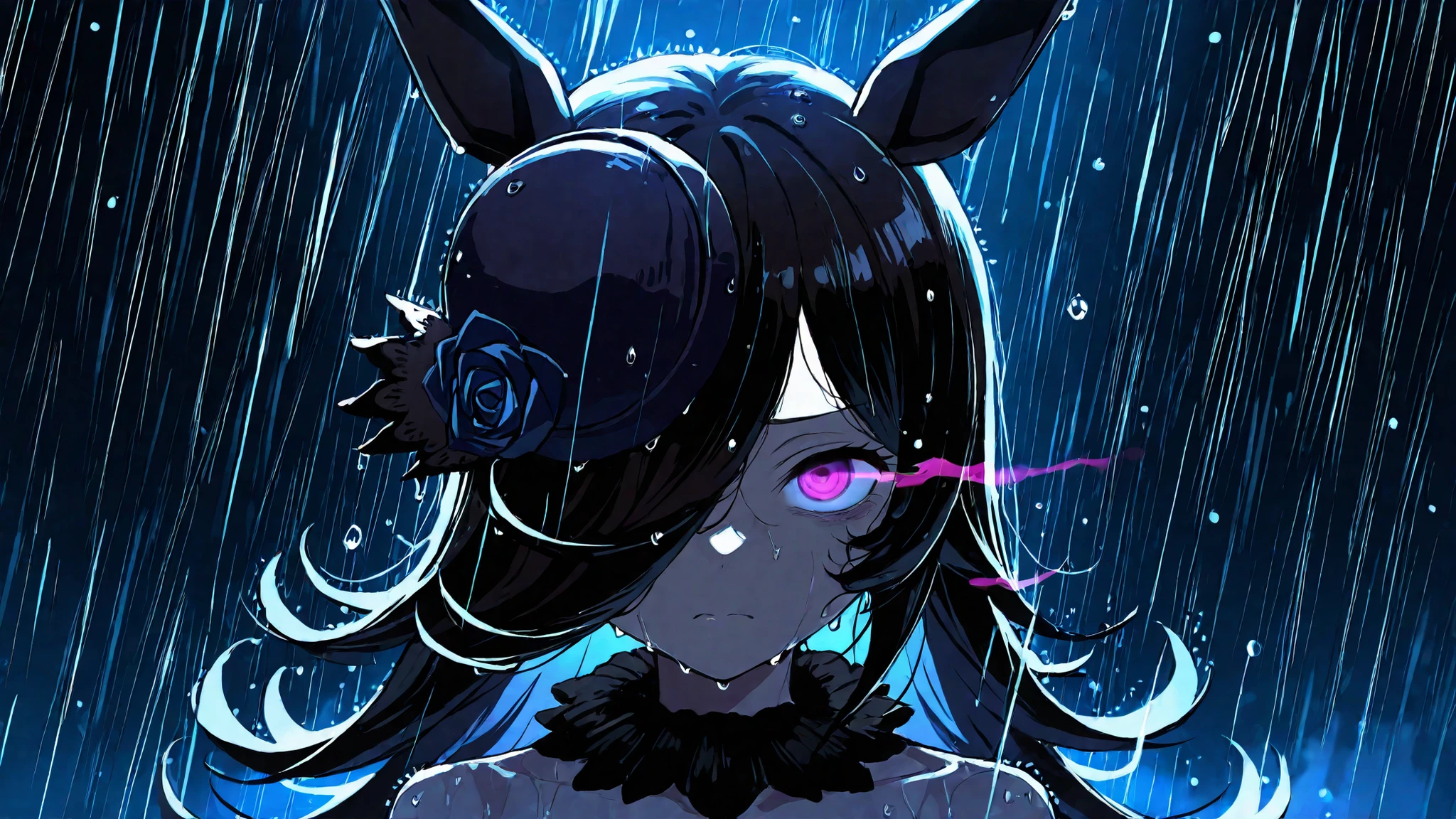 score_9, score_8_up, score_7_up,masterpiece, best quality, very aesthetic, rice shower \(umamusume\), reze eye twitch scene, wet, scene reference, rain drops, looking at viewer, wet hair, chainsaw man scene, blue lighting, dark background, upper body, serious, night, rain, tired eyes, eye bags, Half-lidded eyes, Shadowed eyes, closed mouth, discrubing mouth, glowing eyes