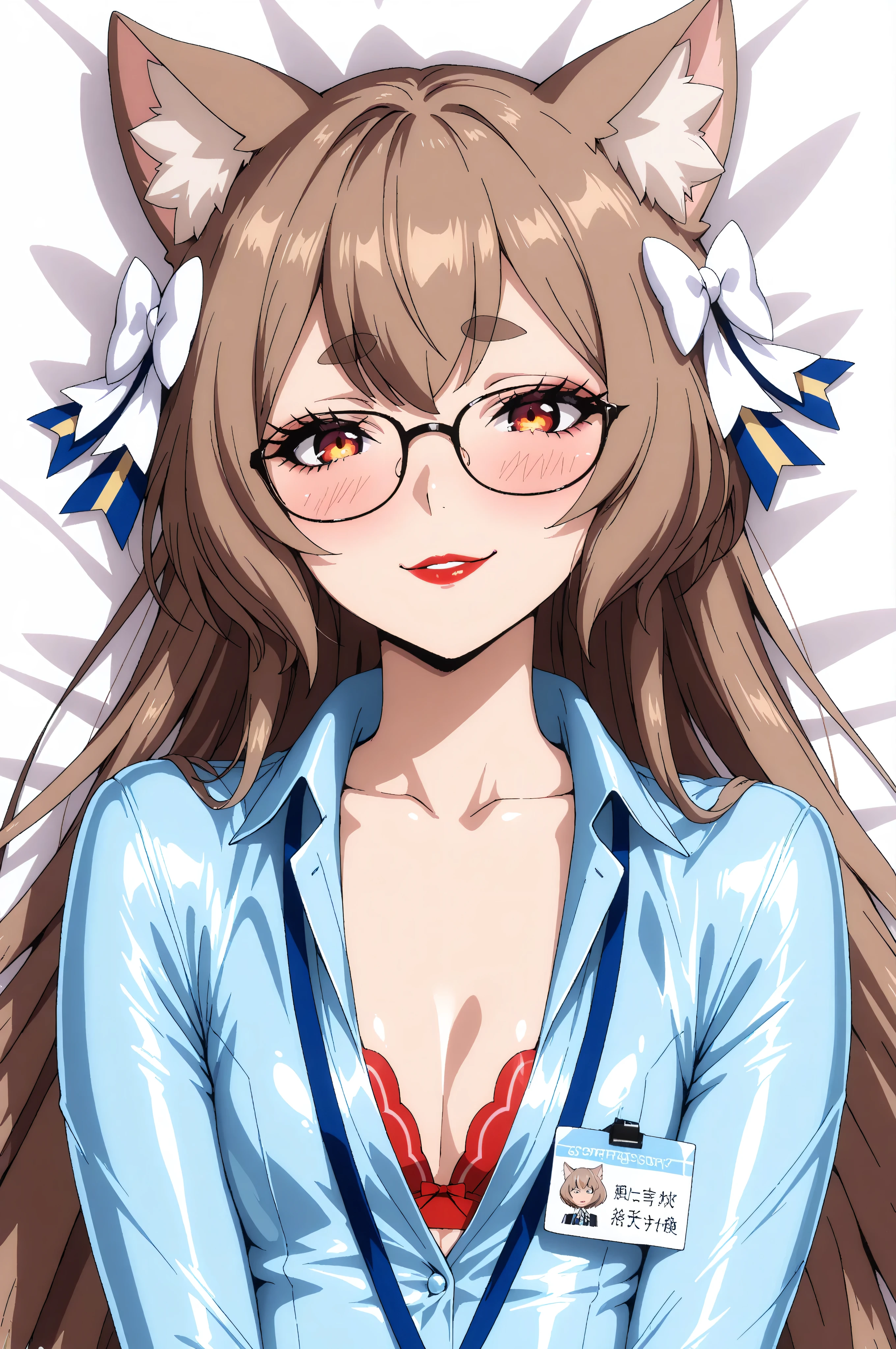 long hair, bangs, brown hair, felix argyle, long hair, bangs, brown hair, bow, animal ears, hair bow, male focus, cat ears, eyelashes, thick eyebrows, white bow, otoko no ko, light blue latex shirt, cleavage, red latex bra, underwear, lanyard, pencil skirt, formal, suit, office lady, skirt suit, shirt, blue latex shirt, cleavage, collarbone, skirt, balck latex skirt, otoko no ko, 1girl, solo, red lipstick, eyelashes, makeup, glossy lips, masterpiece, dakimakura, high resolution, blush, looking at viewer, masterpiece, best quality, high quality facial features, perfect eyes, facing directly, 4k , 8k , high resolution, Perfect body woman, Well proportionated Symmetrical body, hip dips, voluptuous body, blue eyeshadown, horny, smiling, blushing, holdign folder, name tag, glasses playfull smirk, face only