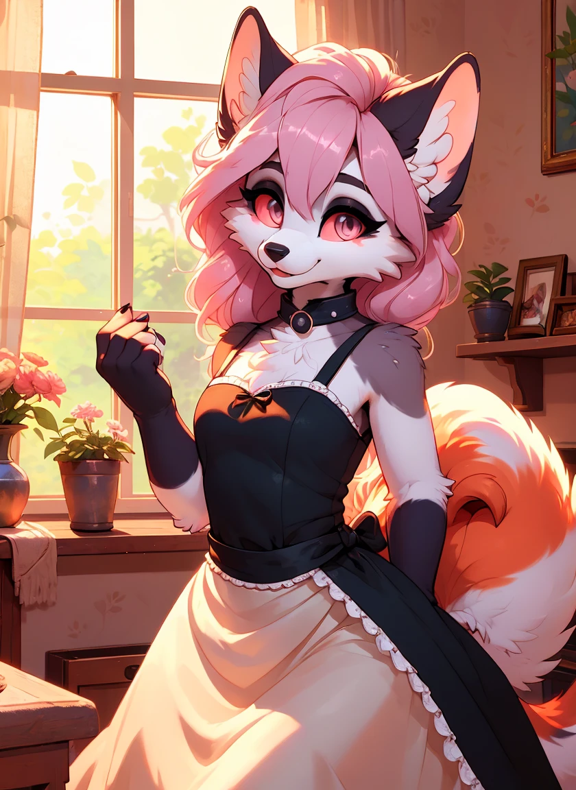 art by dagasi, Kid, by reysi, by hioshiru, by zackary911, by darkgem, masterpiece, portrait, soft lighting , (fluffy fur:1.1), slim, male, puro, black fur, white mask, white eyes, black sclera , looking at viewer, detailed background, full body image, wearing clothes/, wearing white lace 