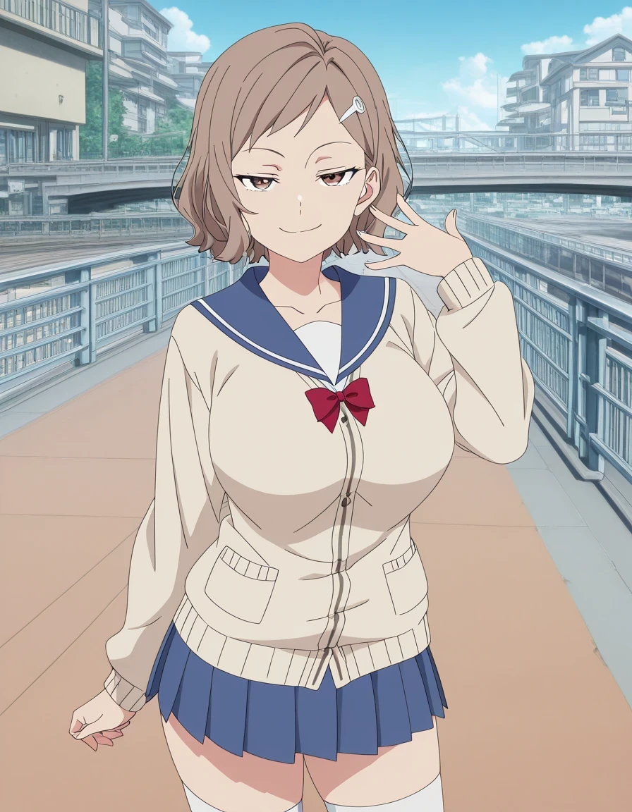 傑作、best quality、best resolution、best image quality、amazing quality、 very aesthetic、 absurdres、anime coloring、anime screencap、anime screenshot、1girl、<lora:kara-minami-s1-illustriousxl-lora-nochekaiser:1>、kara minami、solo、brown hair、short hair、brown eyes、hair ornament、hairclip、mature lady、collarbone、large breasts、large boobs、blue pleated skirt、long sleeves、red bowtie、blue sailorcollar、serafuku、cardigan、white thigh high socks、wearing brown loafers、naughty smile、lewd smile、full body、smug、boyish、gal、Buildings、architecture、man made、urban、interior、blue sky、pedestrian bridge、female focus、looking at viewer、cowboy shot、