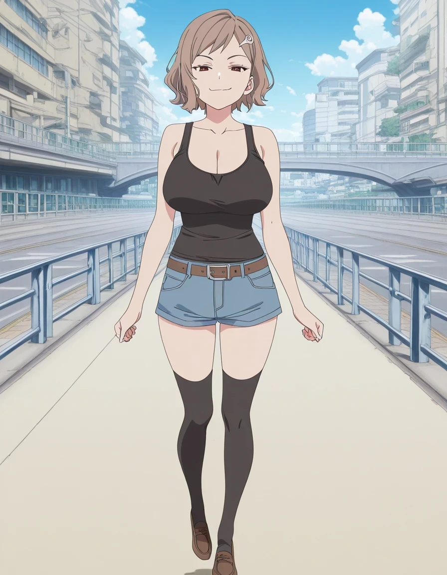 傑作、best quality、best resolution、best image quality、amazing quality、 very aesthetic、 absurdres、anime coloring、anime screencap、anime screenshot、1girl、<lora:kara-minami-s1-illustriousxl-lora-nochekaiser:1>、kara minami、solo、brown hair、short hair、brown eyes、hair ornament、hairclip、mature lady、collarbone、large breasts、cleavage、large boobs、bare shoulders、bare arms、bare legs、black tank top、denim shorts、belt、skin tight tank top、black thigh high socks、wearing brown loafers、naughty smile、lewd smile、full body、smug、boyish、gal、Buildings、architecture、man made、urban、interior、blue sky、pedestrian bridge、female focus、looking at viewer、cowboy shot、