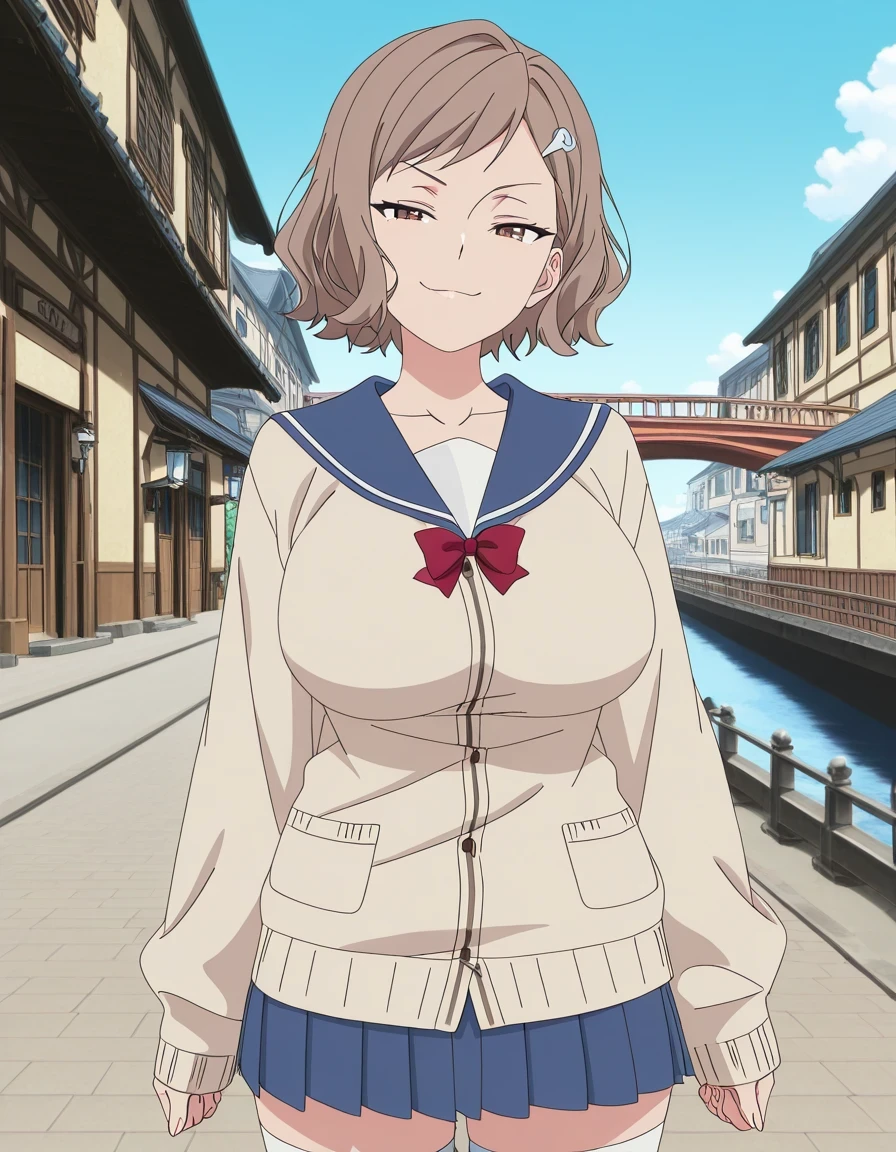 傑作、best quality、best resolution、best image quality、amazing quality、 very aesthetic、 absurdres、anime coloring、anime screencap、anime screenshot、1girl、<lora:kara-minami-s1-illustriousxl-lora-nochekaiser:1>、kara minami、solo、brown hair、short hair、brown eyes、hair ornament、hairclip、mature lady、collarbone、large breasts、large boobs、blue pleated skirt、long sleeves、red bowtie、blue sailorcollar、serafuku、cardigan、white thigh high socks、wearing brown loafers、naughty smile、lewd smile、full body、smug、boyish、gal、Buildings、architecture、man made、urban、interior、blue sky、river、bridge、canal、female focus、looking at viewer、cowboy shot、