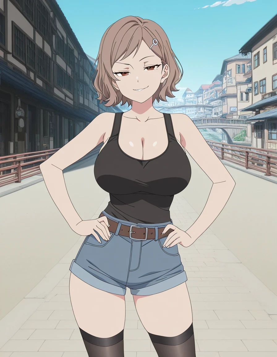 傑作、best quality、best resolution、best image quality、amazing quality、 very aesthetic、 absurdres、anime coloring、anime screencap、anime screenshot、1girl、<lora:kara-minami-s1-illustriousxl-lora-nochekaiser:1>、kara minami、solo、brown hair、short hair、brown eyes、hair ornament、hairclip、mature lady、collarbone、large breasts、cleavage、large boobs、bare shoulders、bare arms、bare legs、black tank top、denim shorts、belt、skin tight tank top、black thigh high socks、wearing brown loafers、naughty smile、lewd smile、full body、smug、boyish、gal、Buildings、architecture、man made、urban、interior、blue sky、river、bridge、canal、female focus、looking at viewer、cowboy shot、
