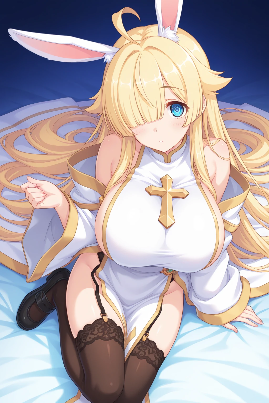 masterpiece, highest quality, movie stills, Extremely detailed, extremely colorful, most detailed, 1 girl, beautiful adult woman, perfect face, from the front, emerald eyes, bright eyes, long deep blue priest robe, long white glove, white stockings, black high boots, long blond hair, deep blue wool veil, bangs, close, bright, studious, warm and soft lighting, (spark:0.7), cathedral background, embroidery, white garterbelt, Drawn in pencil, ,  curtain, beautiful , sideboob, innerboob, grabbing her own , spread , , lying on the altar, , , blushing, stomach deformation,  by a man with a big , big  in the , , legs split