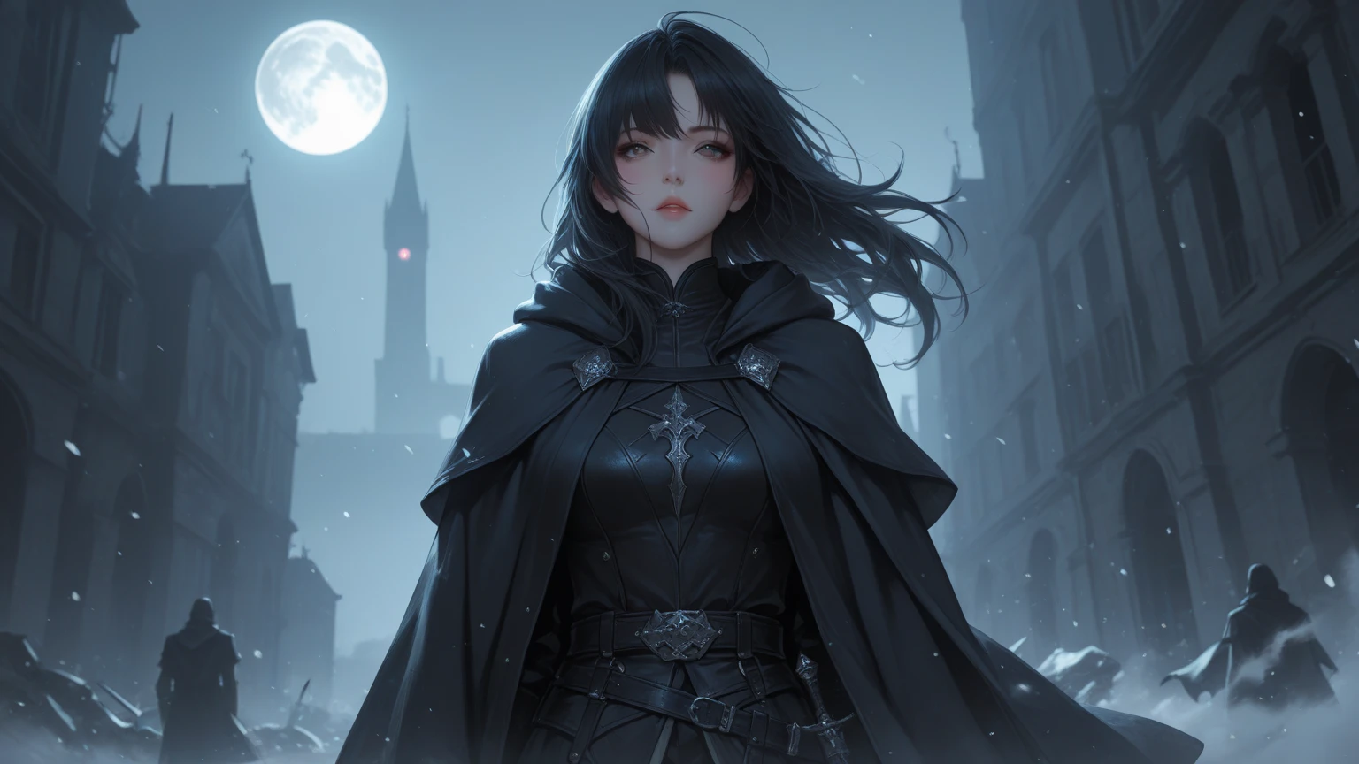 Female person, having black cloak, black hair, black wolf ears, black wolf tail, at the age of 18, with grey eyes, in a fantasy world, is a princess