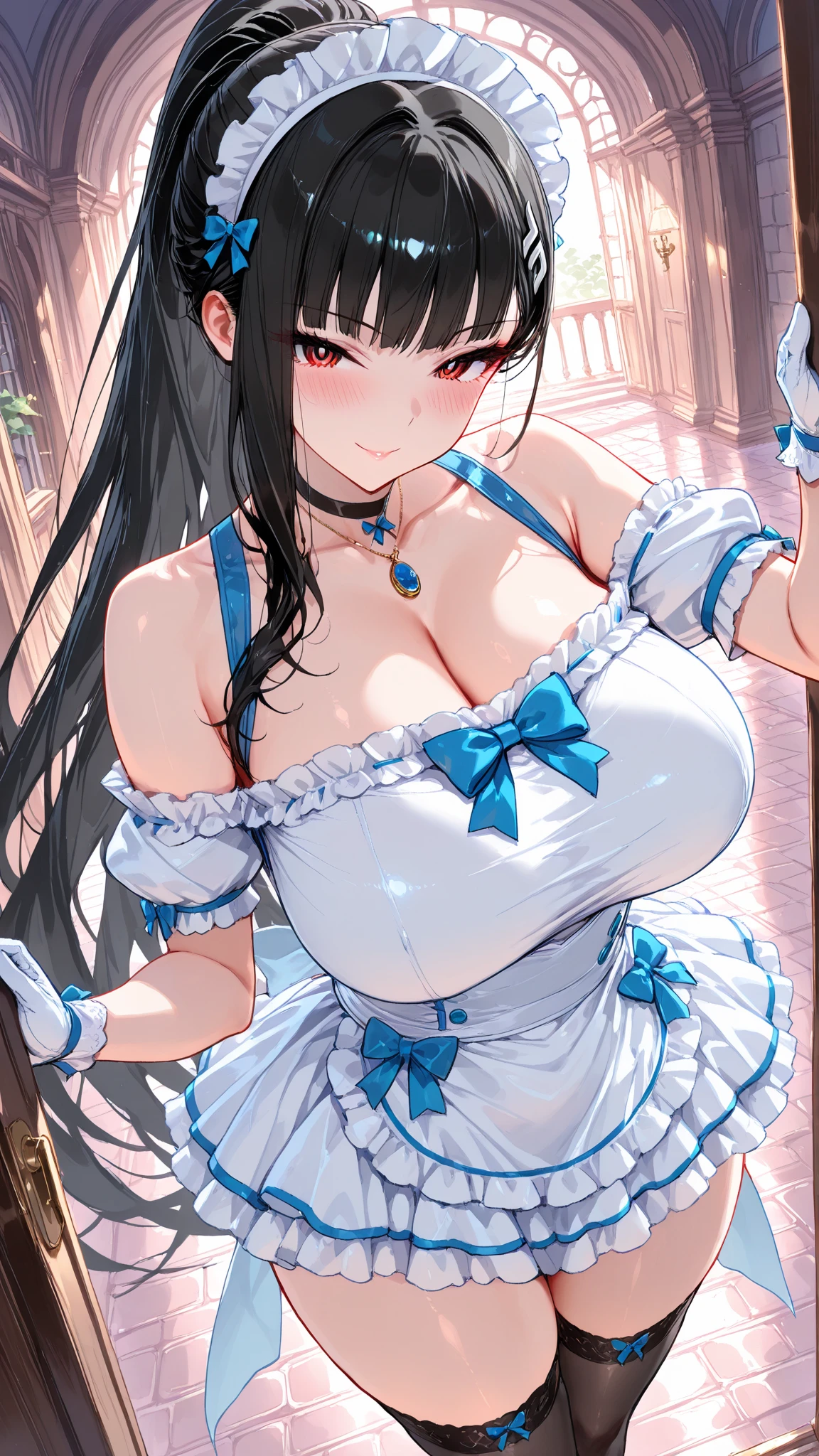 (1 girl with glasses:1.3, Solo), (Audrey Hepburn:1.3), (Very pretty and beautiful Japan woman), (), (professional attire:1.3), (22 years old: 1.1), (From below:1.3), (low angles:1.3), (Ground Level Shots:1.3), (:1.3), (behind arms、fit derrier、Between the legs:1.3), (Attractive random poses:1.3), (In the Queen's Room:1.3), (Look down:1.3), (Staring at you:1.3), (Front view:1.3), Break HA, (Ponytail:1.3), (shiny black fine hair:1.2), Bangs, dark brown eyes, Beautiful eyes, Princess Eyes, (Big eyes:1.3), Bangs, wears glasses:1.3, hair between eye, Short hair:1.3, (slender:1.1), (Small Medium :0.95), (thin waist: 1.15), (Detailed beautiful girl: 1.4), Parted lips, Red lips, Full Makeup Face, (Shiny skin), ((Perfect female body)), (Upper body image:1.3), Perfect , Perfect proportions, (The faces of the most beautiful Korean actresses:1.3, Very cute and beautiful Japan actress face:1.3), BREAK, (View Viewer, Embroidered ruffles on  teacher uniform, (Insanely detailed elegant outfits:1.3), (Back Open Halter Neck Princess Dress:1.3), (Off shoulder dress:1.3), (White Blue Dress:1.3), (High waist ruffled skirt:1.3), detailed  clothes, BREAK, (Detailed classy queen's room background:1.2), (Dark background), (Studio Soft Lighting: 1.3), (Fake Lite: 1.3), (Backlight: 1.3), BREAK, (Realistic, Photorealistic: 1.37), (masutepiece, Best Quality: 1.2), (Ultra High Resolution: 1.2), (Raw photo: 1.2), (Sharp Focus: 1.3), (Face Focus: 1.2), (Ultra detailed CG unified 8k wallpaper: 1.2), (Beautiful skin: 1.2), (pale skin: 1.3), (hyper-sharp focus: 1.5), (Ultra Sharp Focus: 1.5), (Beautiful pretty face: 1.3), (hyper detailed background, Detail Background: 1.3), hyper realistic photography, Hyper Sharp Image, Hyper Detail Image,(Huge :1.9),(Big ass),(thick thight:1.3),looking happy smile