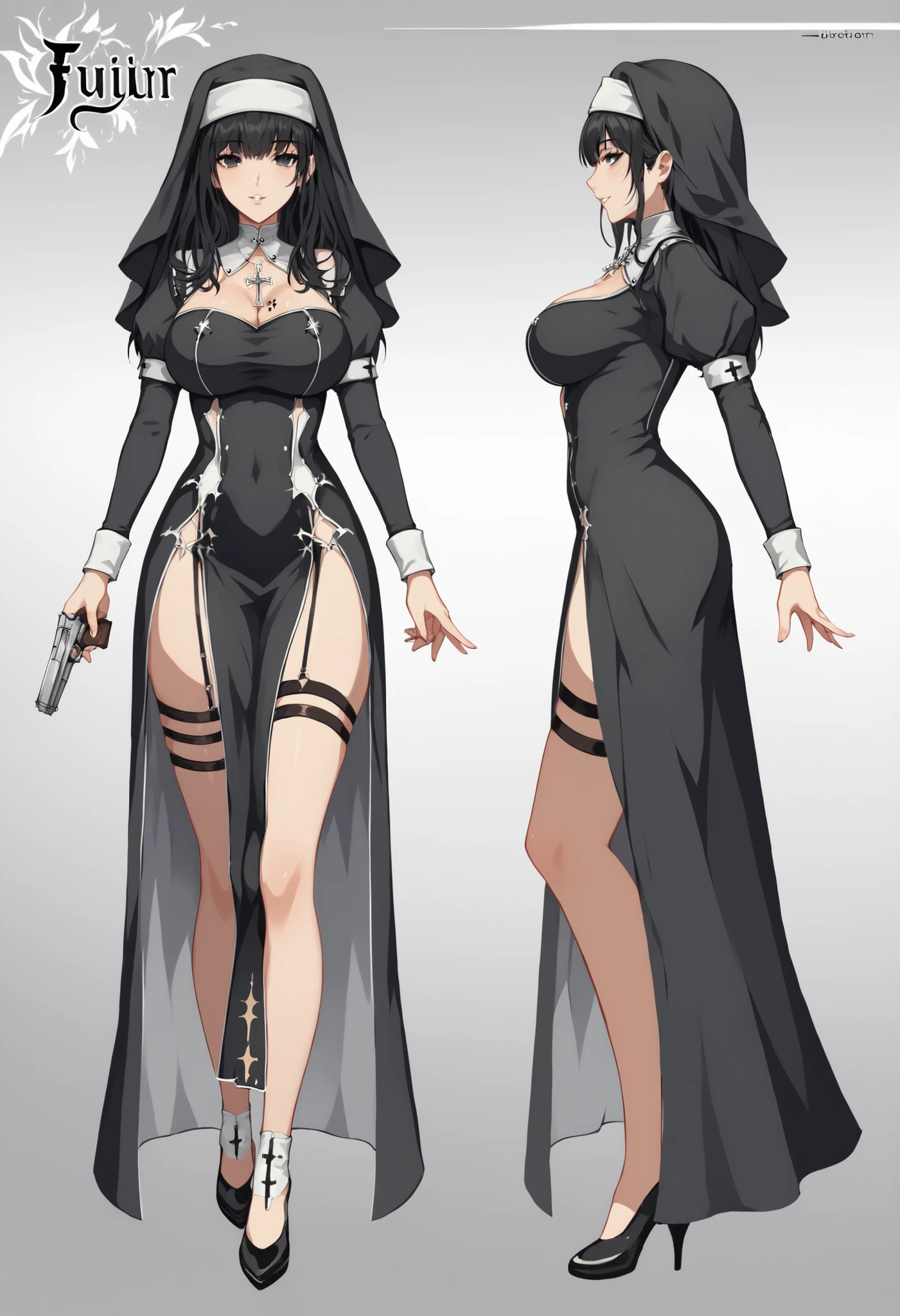 Full-body anime-style illustration of a seductive female gunslinger in a revealing black nun outfit. She has long black hair, deep black eyes, and an elegant, voluptuous body. Her outfit includes a modified nun dress with high slits, black thigh belts holding twin pistols, and a small silver cross necklace on her neck. A black rose tattoo is visible on her exposed chest. She has a calm and graceful expression, speaking softly but exuding danger. Her pose is confident, slightly leaning on one leg with both hands resting on her hips or one hand holding a pistol. The background is pure white. High detail, fantasy anime concept art, character sheet style, clean lighting,She wore no nun's cap only long black hair.