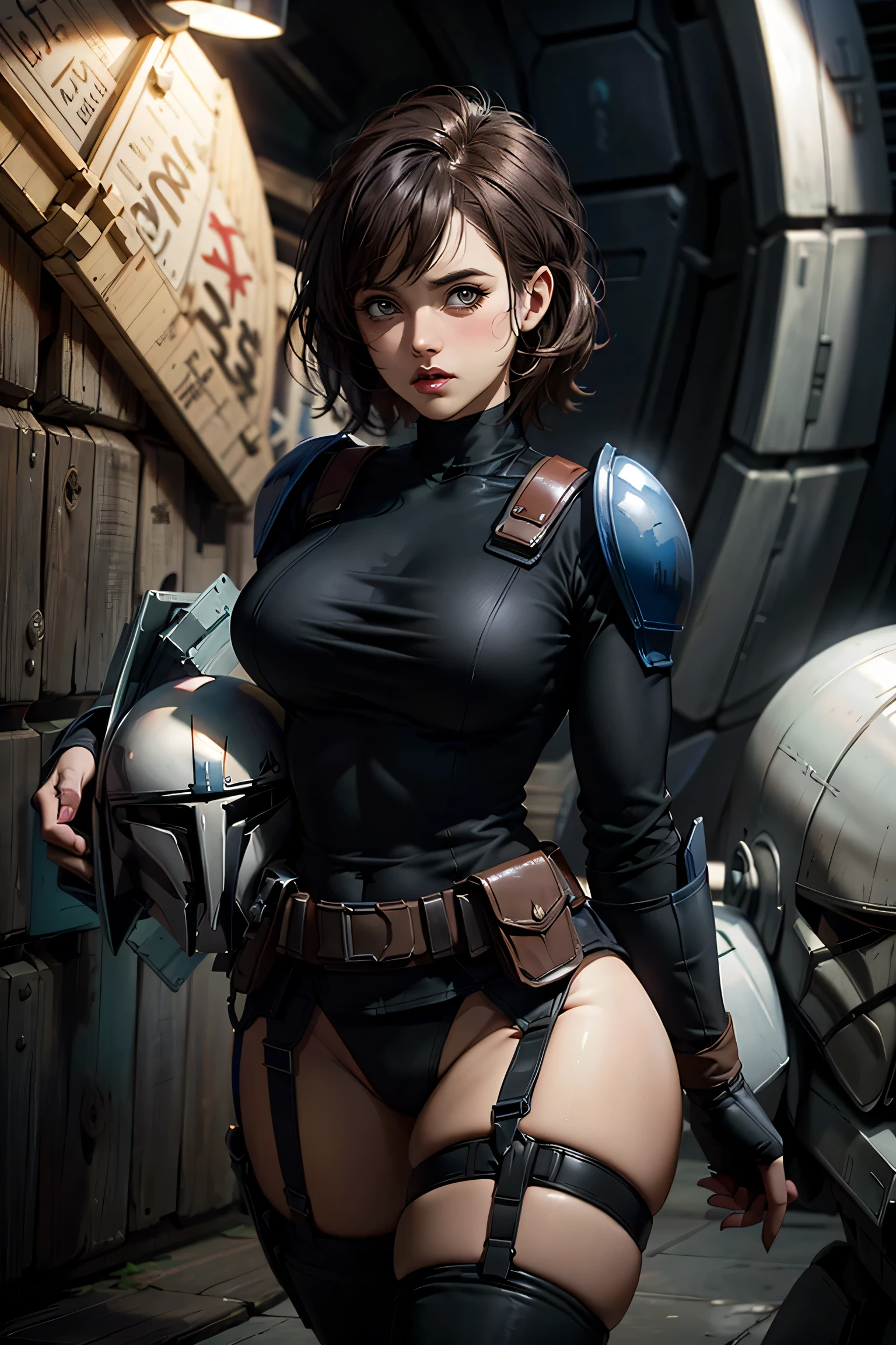 Star Wars Worldview ,A Mandalorian woman takes off her helmet ,helmet,Beautiful Mandalorian ,Hold the Mandalorian helmet in your arms, big eyes,garter belt , slender , Torn Outfit ,slimming, Tide, is wearing Mandalorian armor , has a Mandalorian helmet