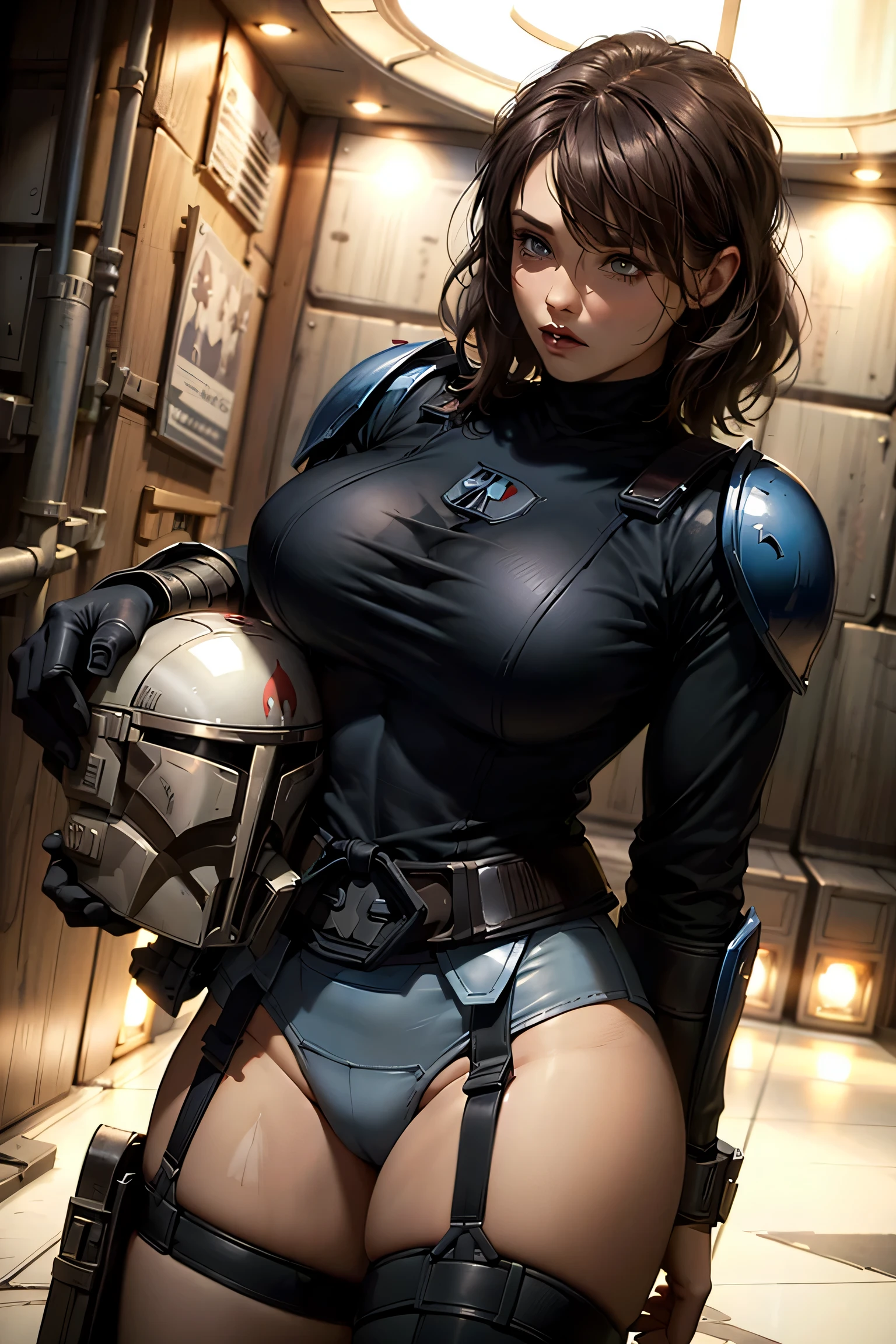 Star Wars Worldview ,A Mandalorian woman takes off her helmet ,helmet,Beautiful Mandalorian ,Hold the Mandalorian helmet in your arms, big eyes,garter belt , slender , Torn Outfit ,slimming, Tide, is wearing Mandalorian armor , has a Mandalorian helmet