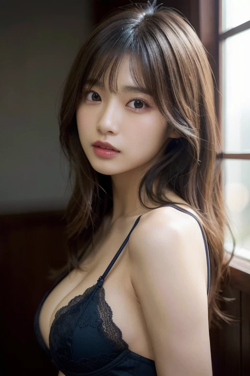 finely detail, hight resolution, hightquality、Perfect dynamic composition, Beautiful detailed eyes, Medium Hair,Natural Color Lip,Kamimei、Shibuya、20 years girl、1 persons、Transparent skin、Glowing hair、masutepiece, Best Quality, Illustration, Ultra-detailed, finely detail, hight resolution, 8K、The correct state of the human body、randome pose、Gravure Model Pose，Hair soaring in the wind、Underwear,length hair,Big Tits，gigantic cleavage , Bold  poses,Colossal tits、up of face