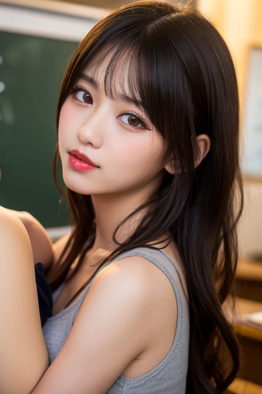 (masterpiece:1.3), high resolution, ultra detailed, extremely detailed CG unity 8k wallpaper, realistic, photo-realistic, RAW photo, beautiful detailed face, pale skin, realistic glistening skin, detailed cloth texture, detailed hair texture, Perfect body, Beautiful Face, accurate, Anatomically correct, Highly detailed face and skin texture, natural neck length, (beautiful hands), (fair skin:1.1), (well-aligned teeth:1.1), (Sweaty skin:1.2), 
BREAK, 
Detailed eyes, symmetric eyes, Light Brown eyes, Double eyelids, Thin eyebrows, (Glossy lips:1.4), ((A face with waiting for a kiss:1.2)), (blush:1.1), (A sparkling small hair accessory:1.1), 
BREAK, 
(A classy and Cute woman1.3), (, , :1.4), 
BREAK, 
medium large breasts, slender figure, firm abs, 
((ponytail, Dark blonde hair, wavy hair, long hair, asymmetric bangs:1.2)),  (cowboy shot:1.2), (looking at viewer), , From above, 
BREAK, 
((Sitting side by side on the classroom)
