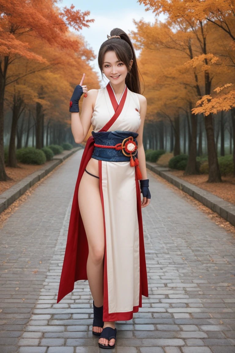 mai shiranui, Brown eyes, (Full body portrait:1.4), Full body, (skinny), Prestige, Long hair, Brown hair, White ribbon, Sleeveless, poneyTail, sash, pelvis curtain, arm guards, mitts, (tabi:1.4), fascinated expression, Sexy eyes, medium breasts, Smile, Cute, view the viewer, Long hair, Close to Japan temple, (breasts focus:1.2), (Realistic:1.2), (Full Shot: 1.2), (Realism), (masutepiece:1.2), (Best Quality), (ultra-detailliert), (8K, 4K, Convoluted), (85 mm), light Particle, Lighting, (Highly detailed:1.2), (Detailed face:1.2), (gradients), SFV, Colorful, (Detailed eyes:1.2), (Detailed temples of Japan: 1.2),(Detailed background), (Dynamic Angle:1.2), (Dynamic Pose:1.2), (Line of action:1.2), Wide Shot, Daylight, Solo.