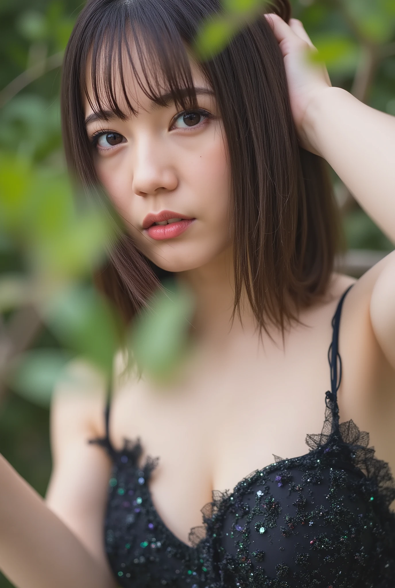 ( super real) , ( high image quality ) , (8k) , ( Very Detailed) , ( top quality) , ( Super Detailed) , (masterpiece) ,bust up shot. ( dress). Japanese woman. glamorous body, short bob hair hugging the Earth.