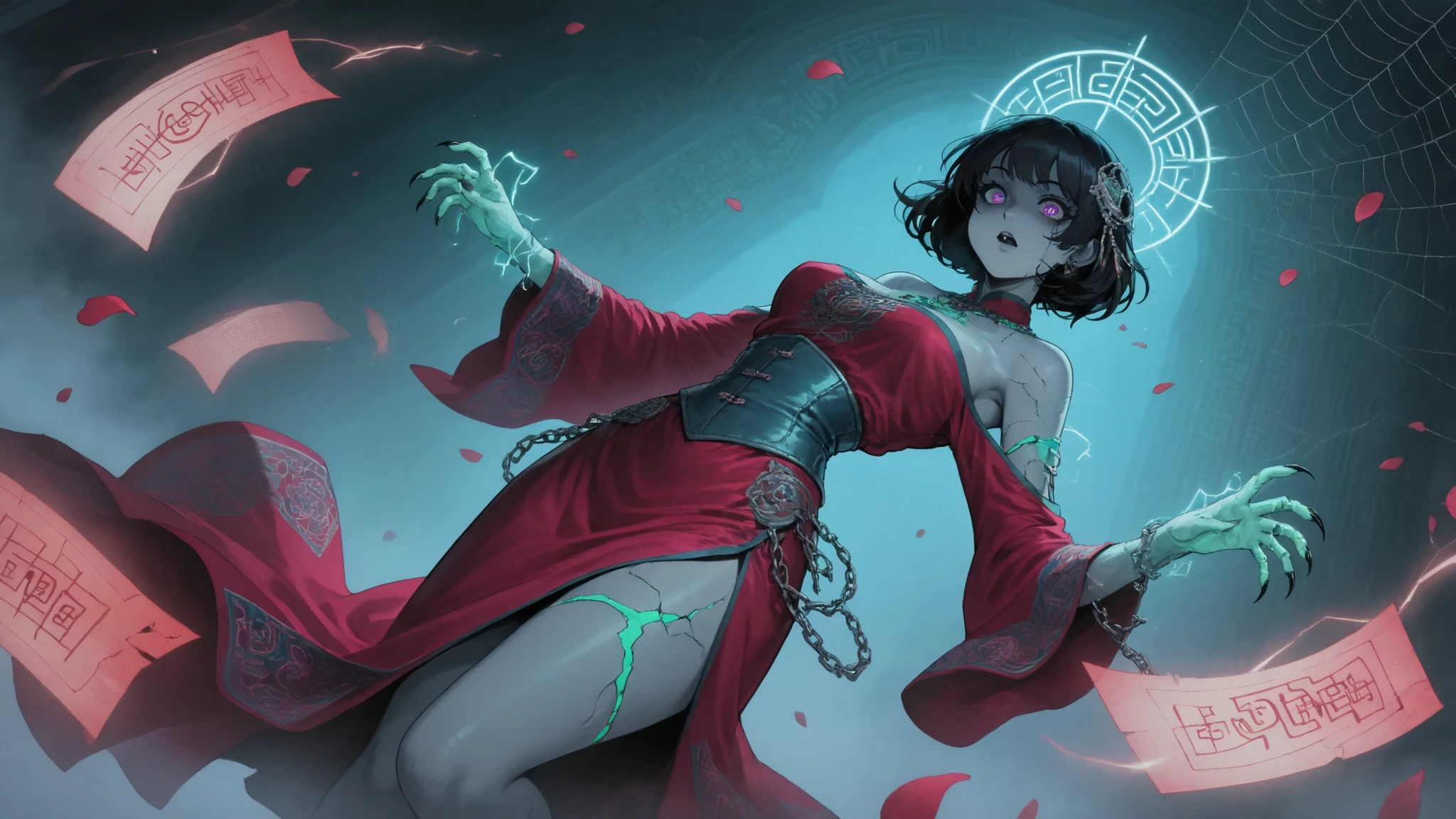 nsfw,nipple,(masterpiece, best quality:1.2), 1girl, solo, In a wide-angle shot under the moonlight, a zombie girl styled in the manner of Zhen Huan from JOJO's Bizarre Adventure strikes a battle pose. She arches backward in mid-air, showcasing the curves of her waist and . Semi-transparent talismans inscribed with "Imperial Decree · Phantom" swirl around her jade-like legs. She wears a modified off-shoulder garment with a  up to her . Her cyan-gray skin is cracked, emitting phosphorescent cherry blossom patterns. A mechanical spine glows with purplish-red neon circuits. Gilded finger sleeves lightly caress her cheek, leaving a mother-of-pearl sheen. A cobalt blue satin belt is adorned with broken chains and scattered poetry slips. Sharp claws are entwined with indigo arcs of electricity and falling petals. Silk folds are outlined using the feibai brush technique. The moonlit background is tinged with ink wash mist. Bold cel-shaded lines emphasize the curves of her  and waist. Rusty gear joints emit vermilion mist. Titanium armor glows with a cold moonlit halo. Her phoenix eyes have pupils with a shattered glass texture. Fluorescent talismanic runes reading "Enchanting Beauty" float among her hair strands, Illustration in traditional Chinese ink-wash style, zombiegirl