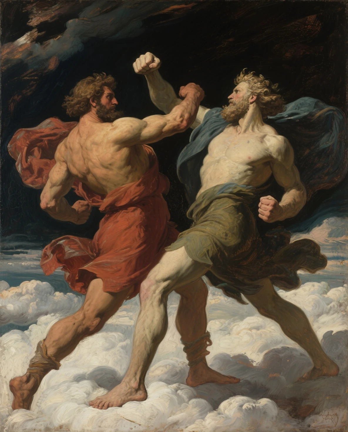<lyco:PeterPaulRubens:1.0> peter paul rubens style. Fighting twin aliens in the air. The background is black. He has an iPhone in his hand. he is eating a banana