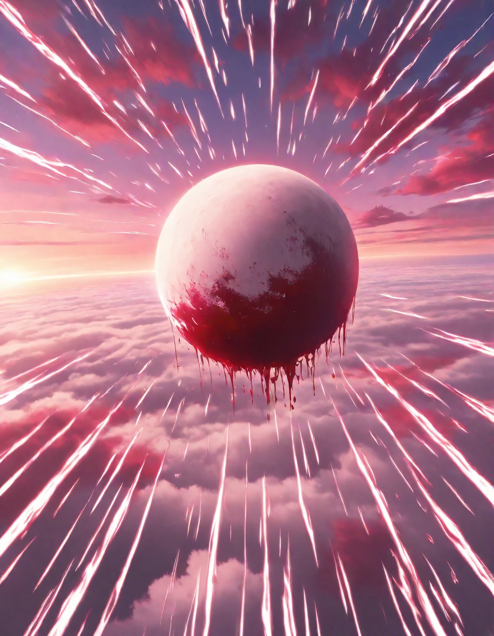 Spherical angel raining down light arrows down upon the lands below it, sky, clouds, blood coming out of the fleshy spherical shape angel