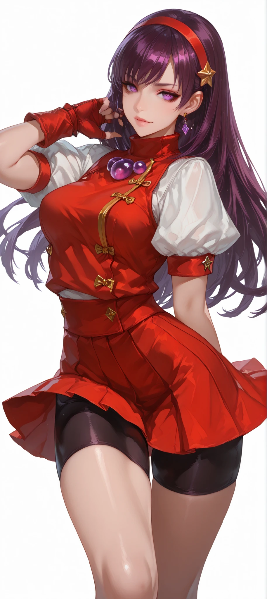 ((Simple Background, color gris)), intricate details, High quality, aesthetic, ultra detailed, ((masterpiece, detailed:1.2), ((dramatic half-body image)), Fantasy eyes, medium breasts, body fit, soft curves, hand, 1girl, asamiya athena(king of fighter), purple eyes, purple hair, long hair, red hairband, earrings, red vest, red skirt, bike shorts, gloves, red gloves, fingerless gloves, seductive expression, no lip, standing, dynamic pose, looking at viewer,
