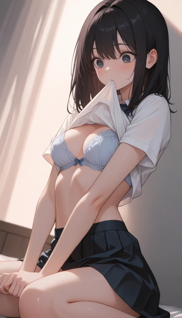 (masterpiece, highly detailed, highres, best quality, HD), ((bedroom, blue sky window view, sunlight)), ((shsparkle, long hair, twintails:1.2, black serafuku, black socks, black skirt)), ((??????????????, shirt lifted up, exposed ???????, navel)), ((???? smile, grin, looking at viewer)), ((1boy, ?????, squatting ????????????????, ???????, pov, motion lines))
