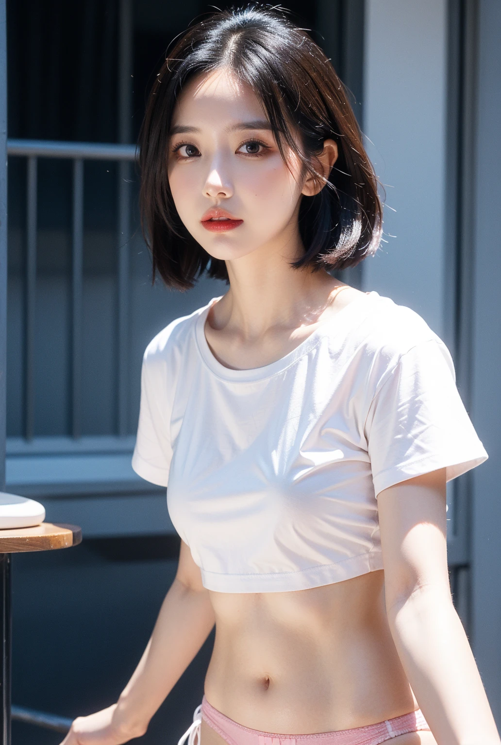 Adorable Girl . Very Kawaii , Round Face . Solo , Slim , Medium Breasts , Short Stature . Glossy Skin . Plain White T-shirt . Shorts . Dynamic Pose . Dynamic Angle . No Background , White Background .