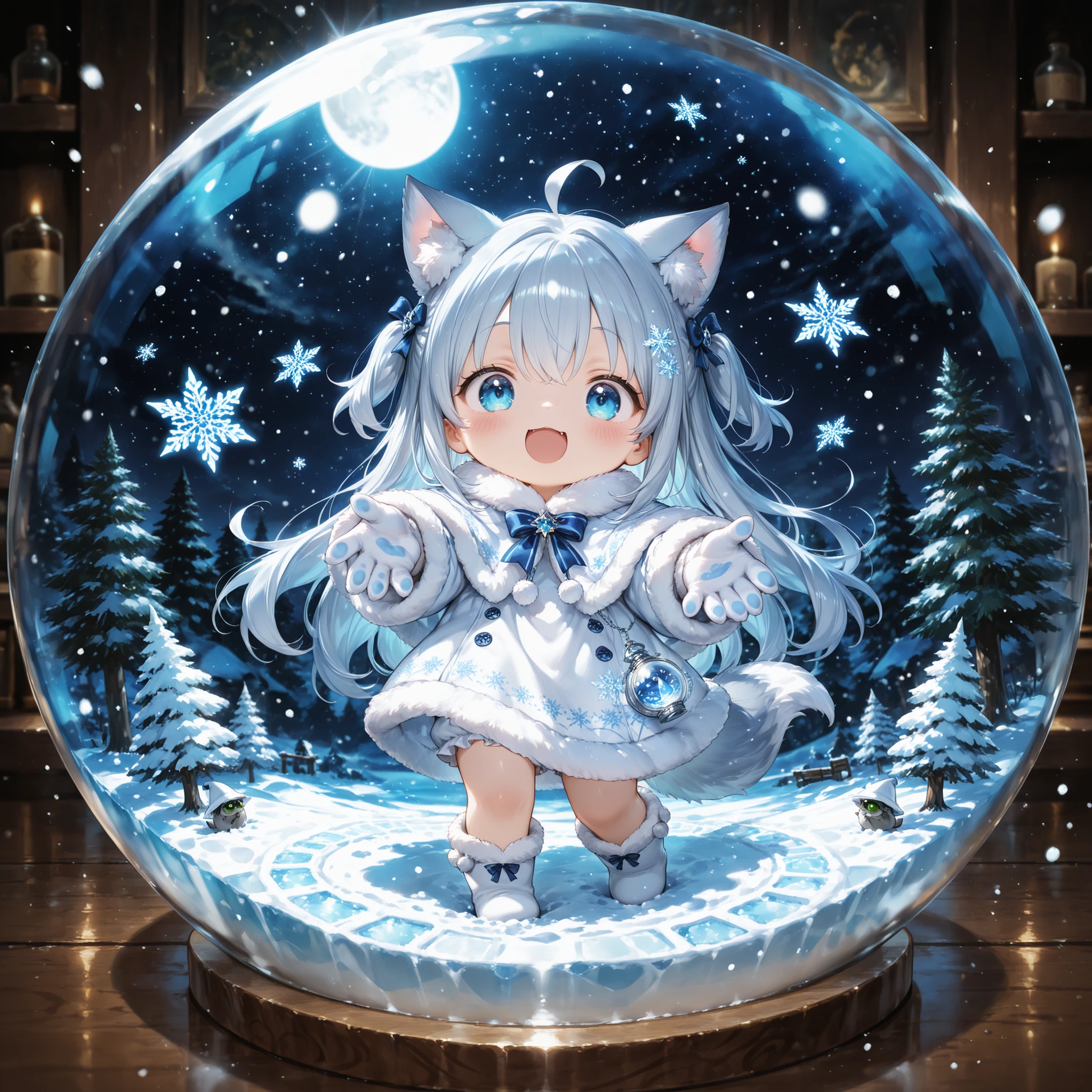 masterpiece, best quality, ultra detailed。cool colors of moonlight、in a snow globe where silver-blue snow dances、Little Beast girls with wolf ears run around on sleds。miniature conifers、Fluttering Snowflakes、Dramatic lighting with strong contrast。rim light through glass、Dynamic Composition。little character、fine、The atmosphere of a winter night。Cute,TheDeail,mesugaki,