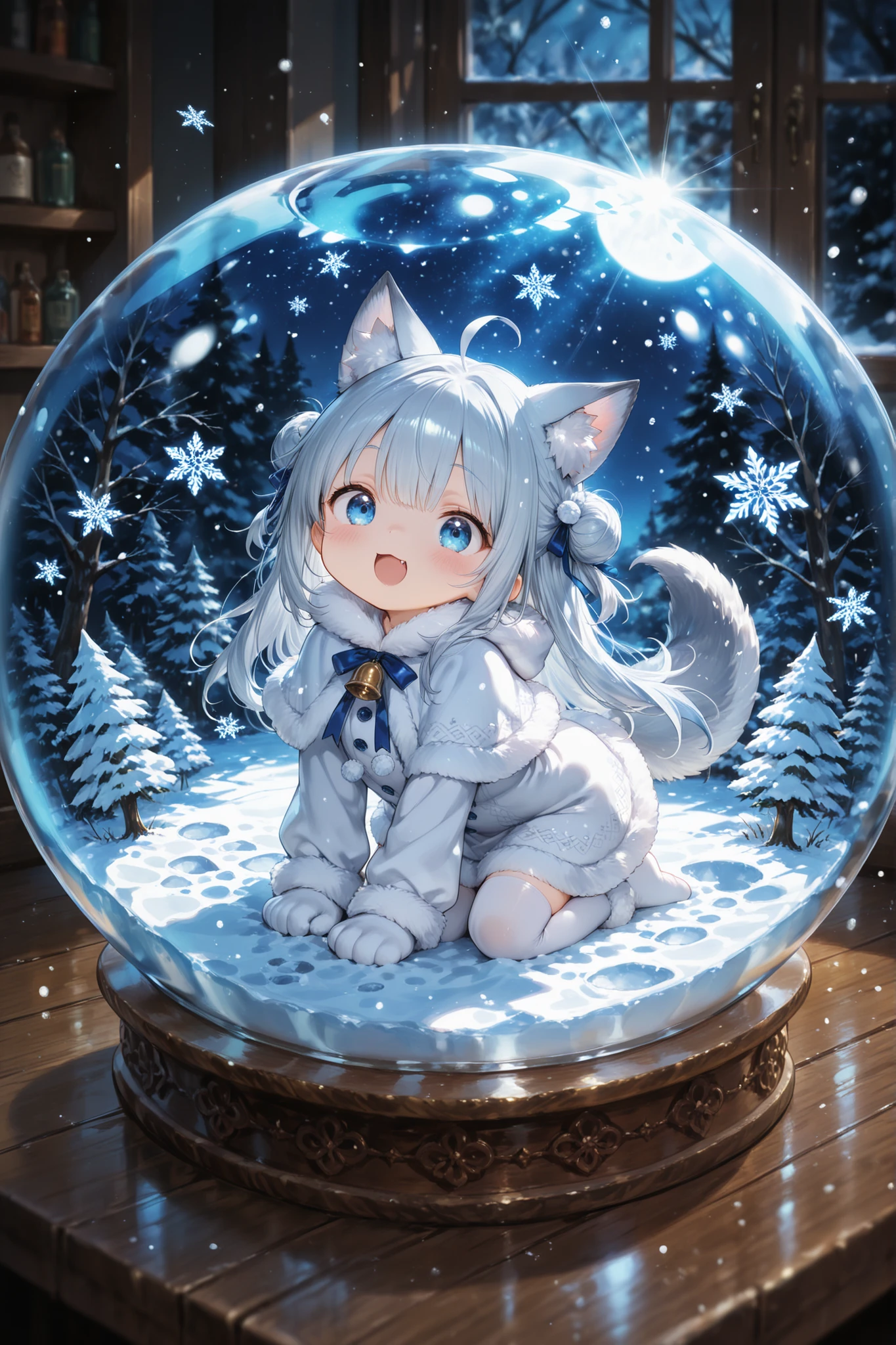 masterpiece, best quality, ultra detailed。cool colors of moonlight、in a snow globe where silver-blue snow dances、Little Beast girls with wolf ears run around on sleds。miniature conifers、Fluttering Snowflakes、Dramatic lighting with strong contrast。rim light through glass、Dynamic Composition。little character、fine、The atmosphere of a winter night。Cute,TheDeail,mesugaki,