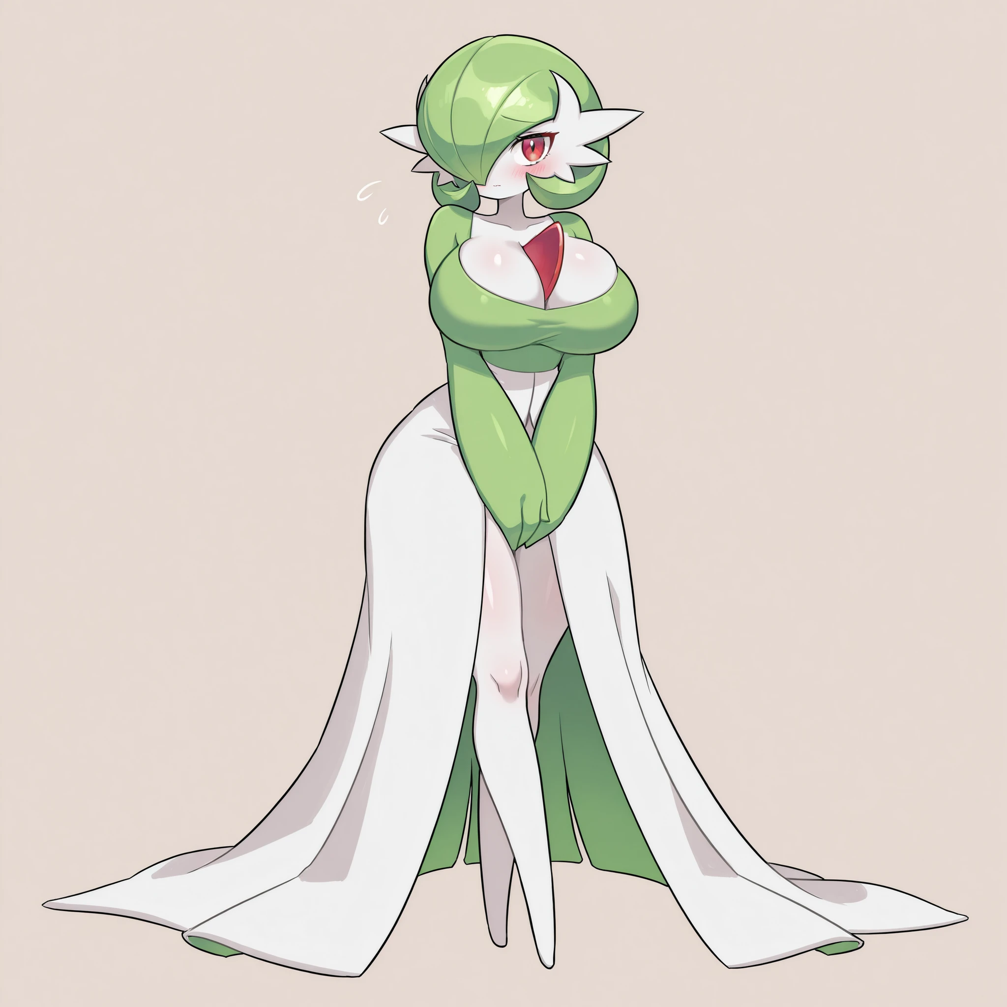 quality, very aesthetic, 8K, best quality, beautiful, ultra-high resolution, 32K UHD, sharp focus, 1woman, solo, Gardevoir, pokemon (creature), green hair, short hair, red eyes, white skin, white dress, green sleeves, slim, huge breasts, narrow waist, wide hips, thick thighs, shapely legs, blush, shy, cute, hands on lap, standing, full body, looking at viewer, simple background, front view