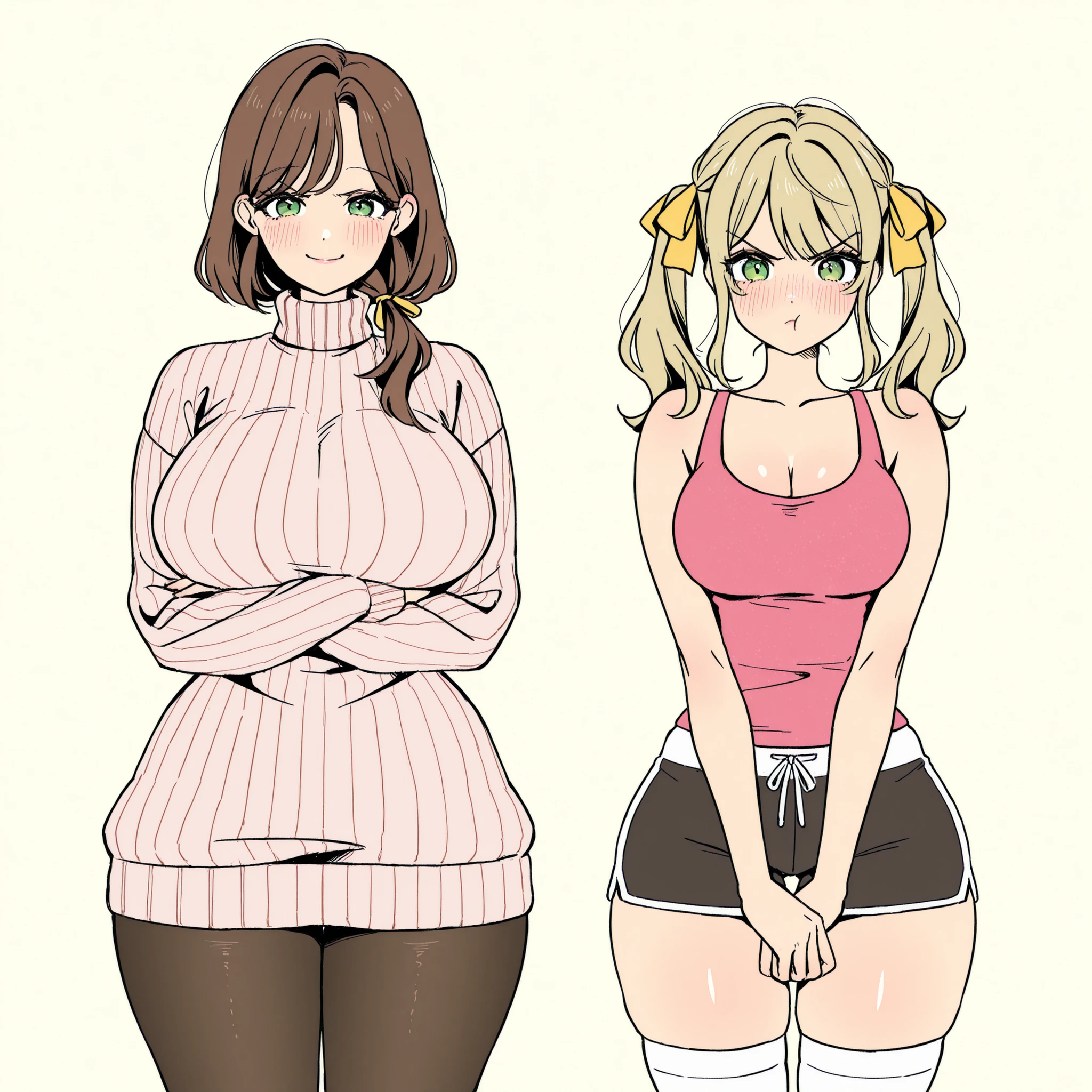 masterpiece, ultra-HD, impressionism, high detail, best quality, very aesthetic, 8K, best quality, beautiful, ultra-high resolution, 32K UHD, sharp focus, 2woman, duo, mature woman: long brown hair, low ponytail, green eyes, eyelashes, almond-shaped eyes, black eyeliner, pink full lips, mature woman, huge breasts, narrow waist, wide hips, thick thighs, shapely legs, slim, white ribbed turtleneck dress sweater, baggy sweater, black pantyhose, blush, smile, cute, hands on lap, woman: short hair, blonde hair, middle bangs, twintails, straight hair, hair ribbons, yellow ribbons, green eyes, eyelashes, huge breasts, narrow waist, wide hips, thick thighs, shapely legs, slim, pink tank top, cleavage, black sports shorts, white thigh high socks, blush, pout, angry, crossed arms, standing, looking at viewer, simple background, front view