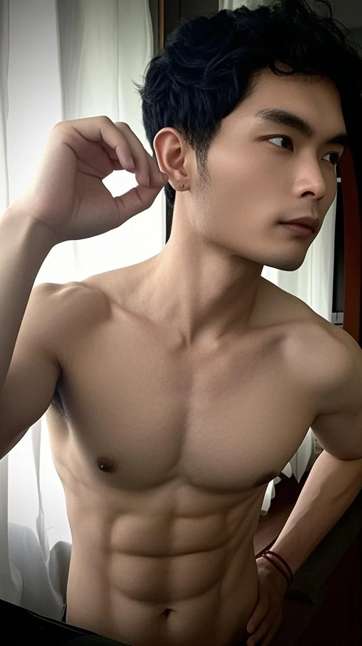 Body a little thin, with six pack abs and tattoos , short black hair and marked jaw 